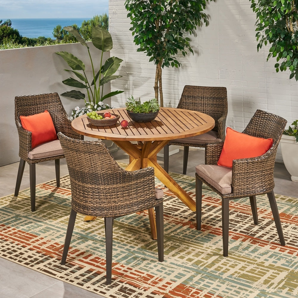 Ensemble de salle à manger d'extérieur rond en osier Ryan 5 pièces avec coussins par Christopher Knight Home