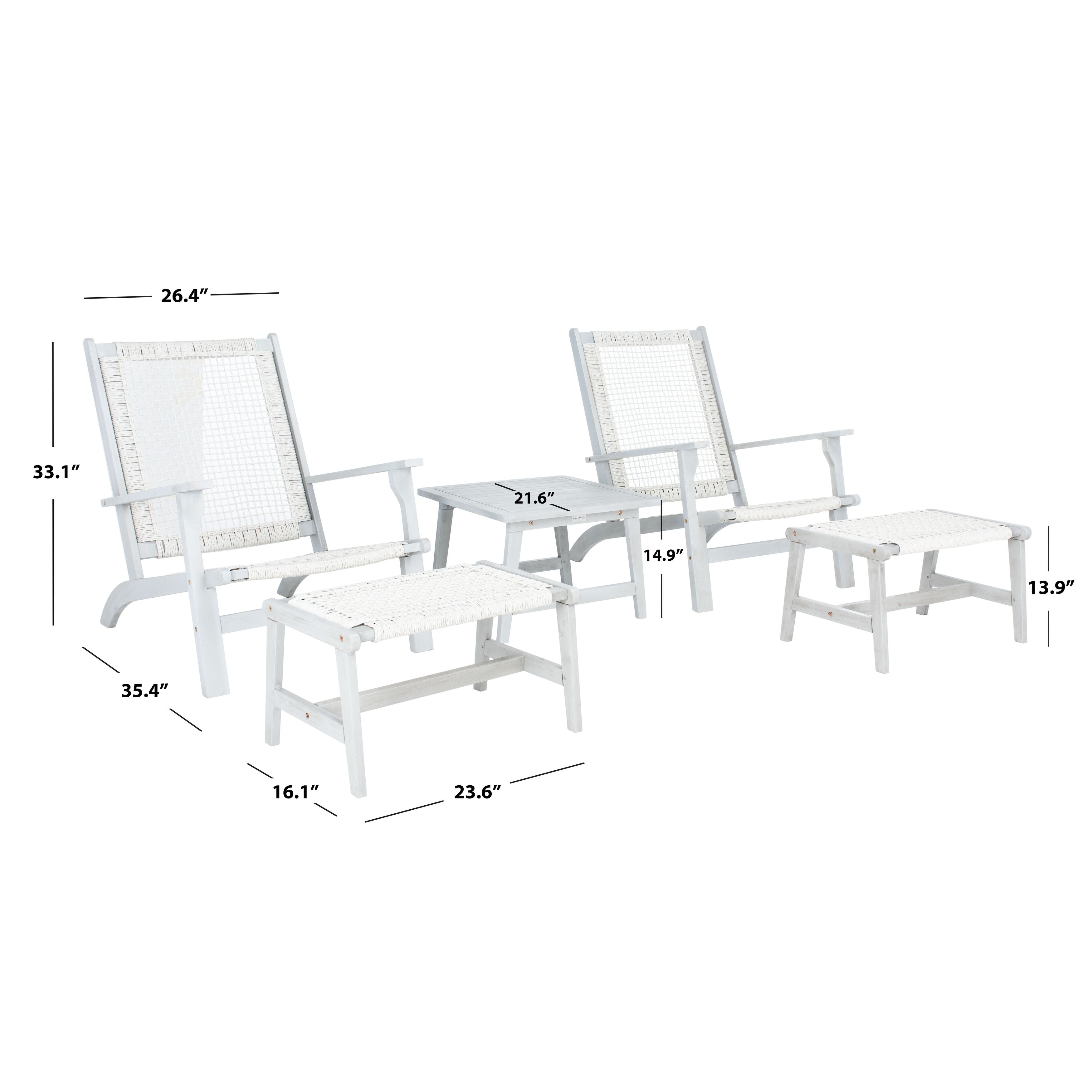 SAFAVIEH Chantelle Ensemble de 2 chaises longues et tabourets en bois massif pour l'extérieur (table d'appoint incluse) - 26 L x 35 P x 33 H
