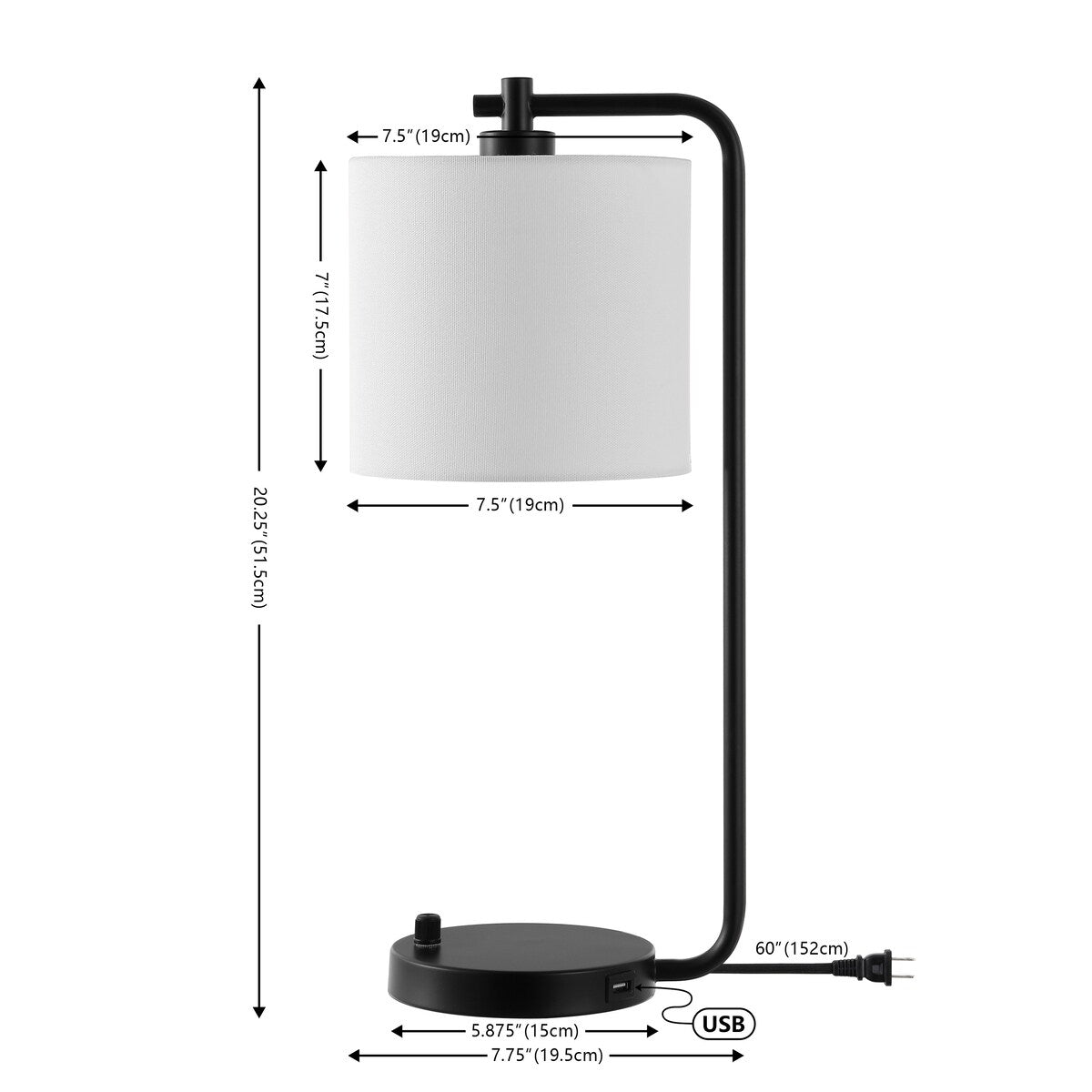 Lampe de table SAFAVIEH Lighting Verginica de 50 cm avec port de charge USB (ampoule DEL incluse) – 19 cm l x 19 cm P x 51 cm H