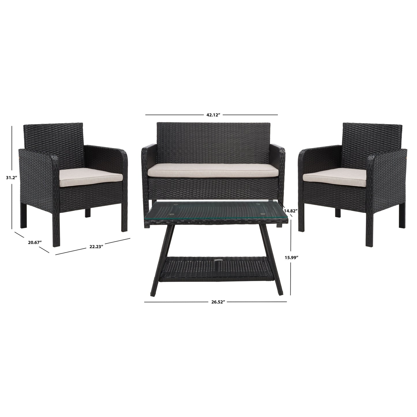Ensemble de salon de jardin 4 pièces SAFAVIEH Aboka en osier et acier - 42 l x 21 p x 31 h