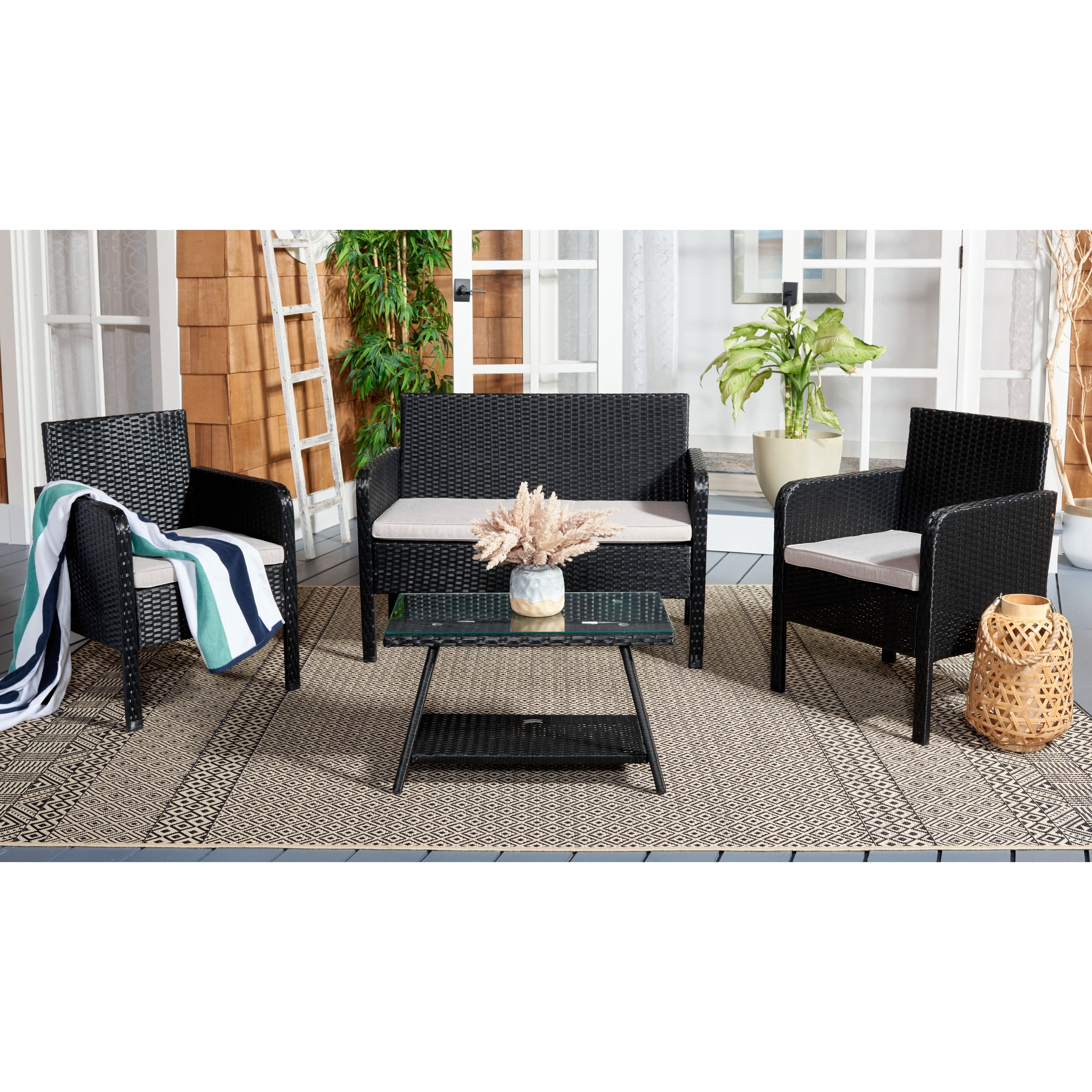 Ensemble de salon de jardin 4 pièces SAFAVIEH Aboka en osier et acier - 42 l x 21 p x 31 h