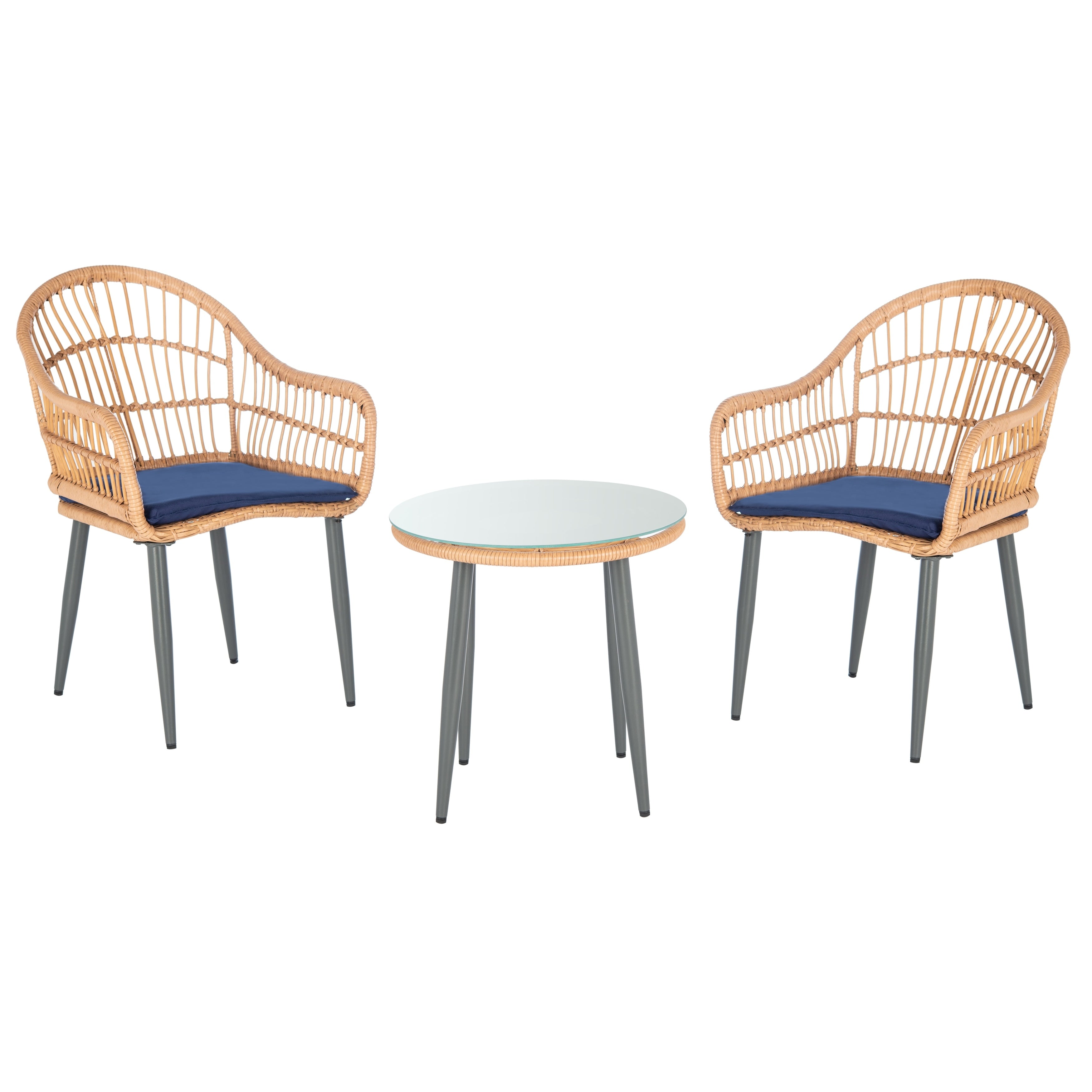 Ensemble de chaises longues Berlen 3 pièces SAFAVIEH Outdoor Living - Naturel/Bleu marine - 22 l x 24 p x 34 h