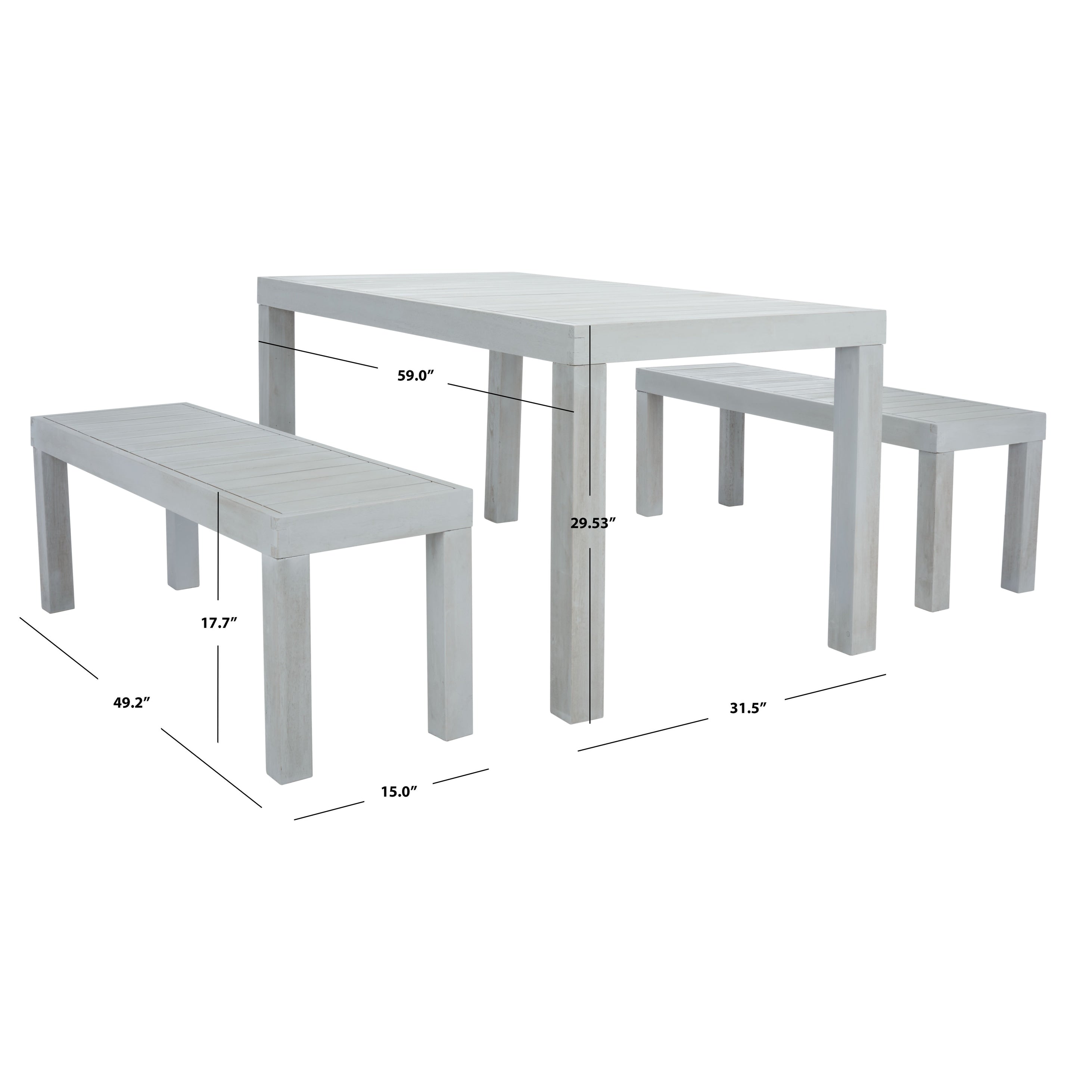 Ensemble de salle à manger d'extérieur SAFAVIEH Dario 3 pièces avec table de 140 cm de long et 2 bancs sans dossier – 140 cm de large x 81 cm de profondeur x 76 cm de haut