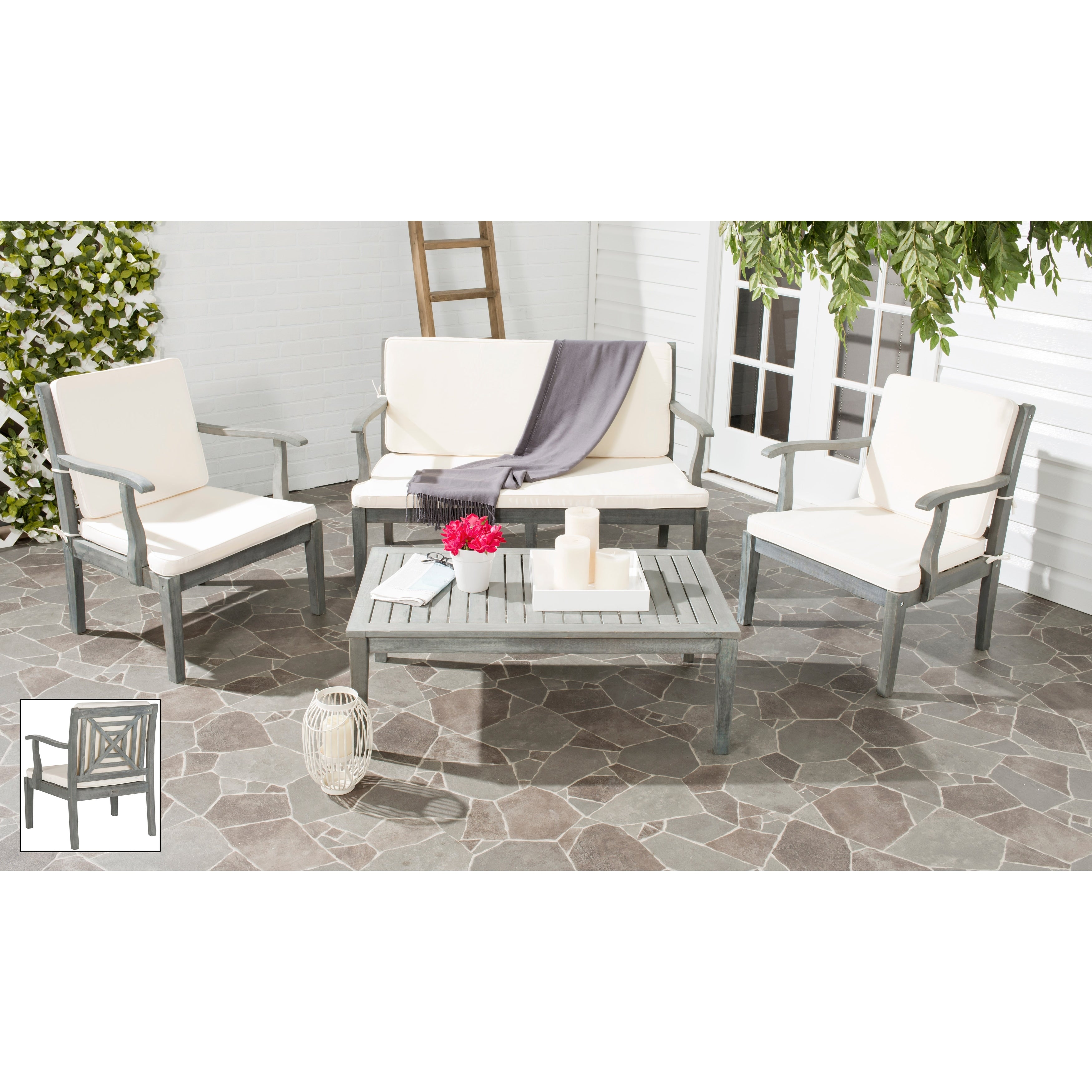 Ensemble de jardin 4 pièces en bois d'acacia brun Del Mar avec coussins beiges SAFAVIEH Outdoor Living - 48 L x 25 P x 32 H