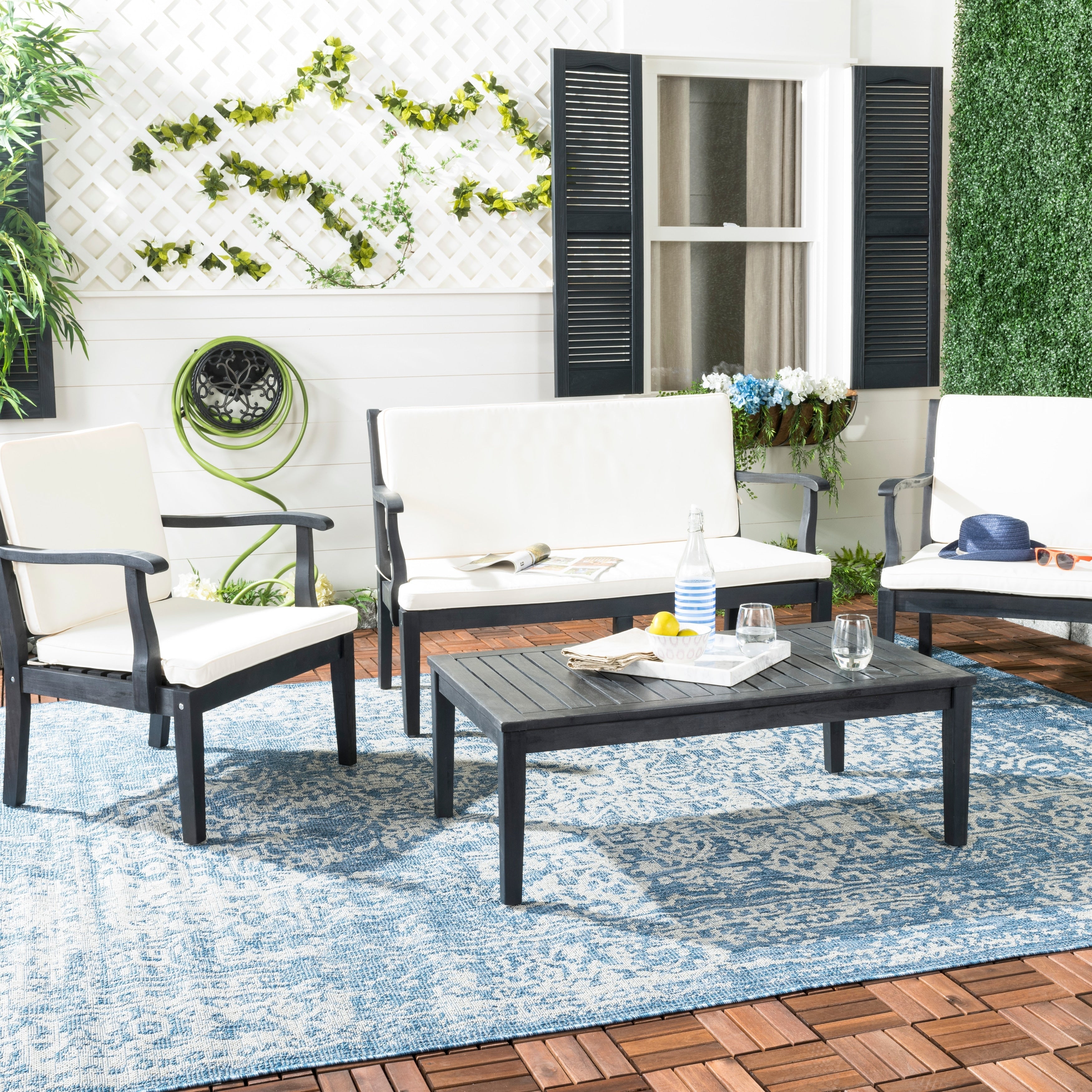 Ensemble de jardin 4 pièces en bois d'acacia brun Del Mar avec coussins beiges SAFAVIEH Outdoor Living - 48 L x 25 P x 32 H