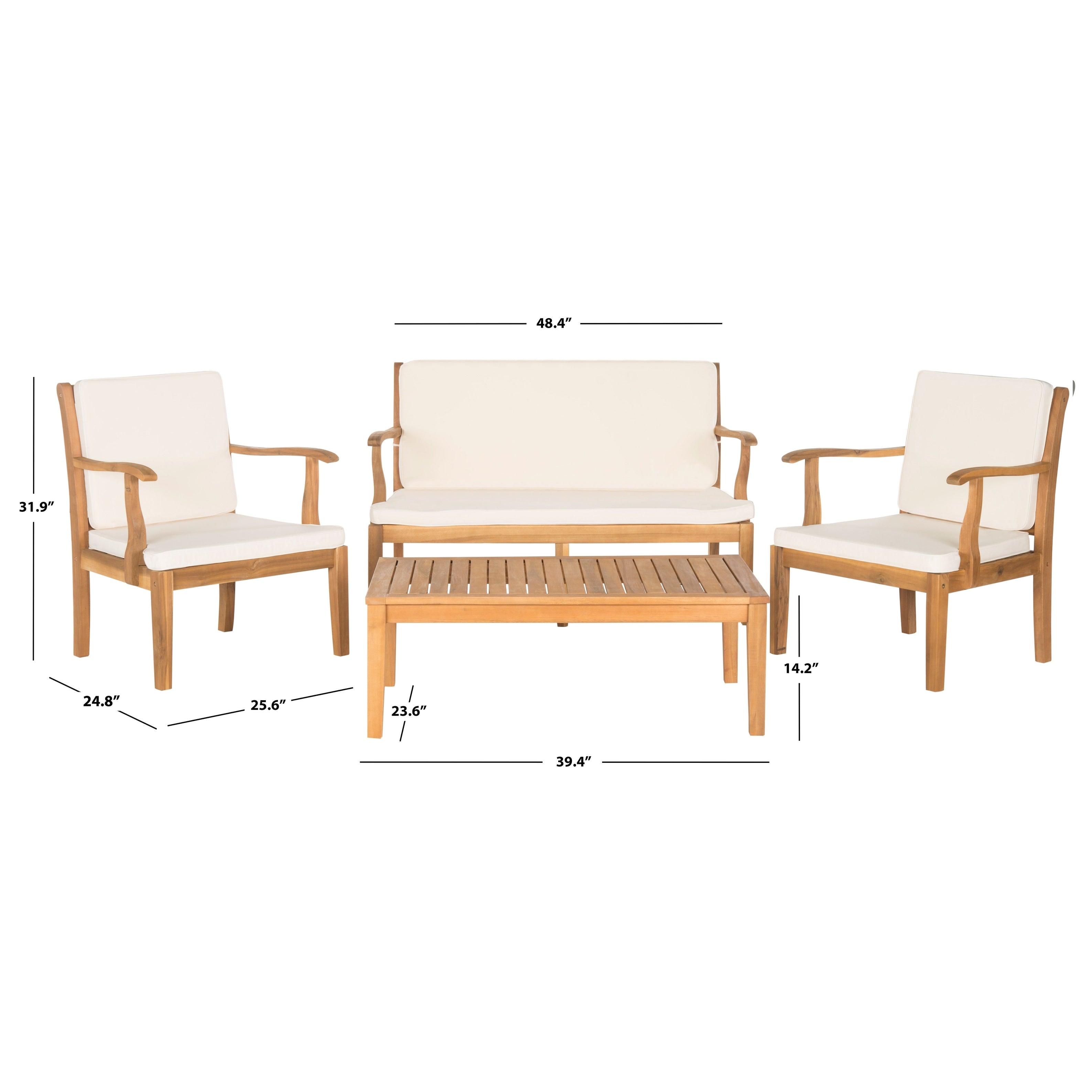 Ensemble de jardin 4 pièces en bois d'acacia brun Del Mar avec coussins beiges SAFAVIEH Outdoor Living - 48 L x 25 P x 32 H