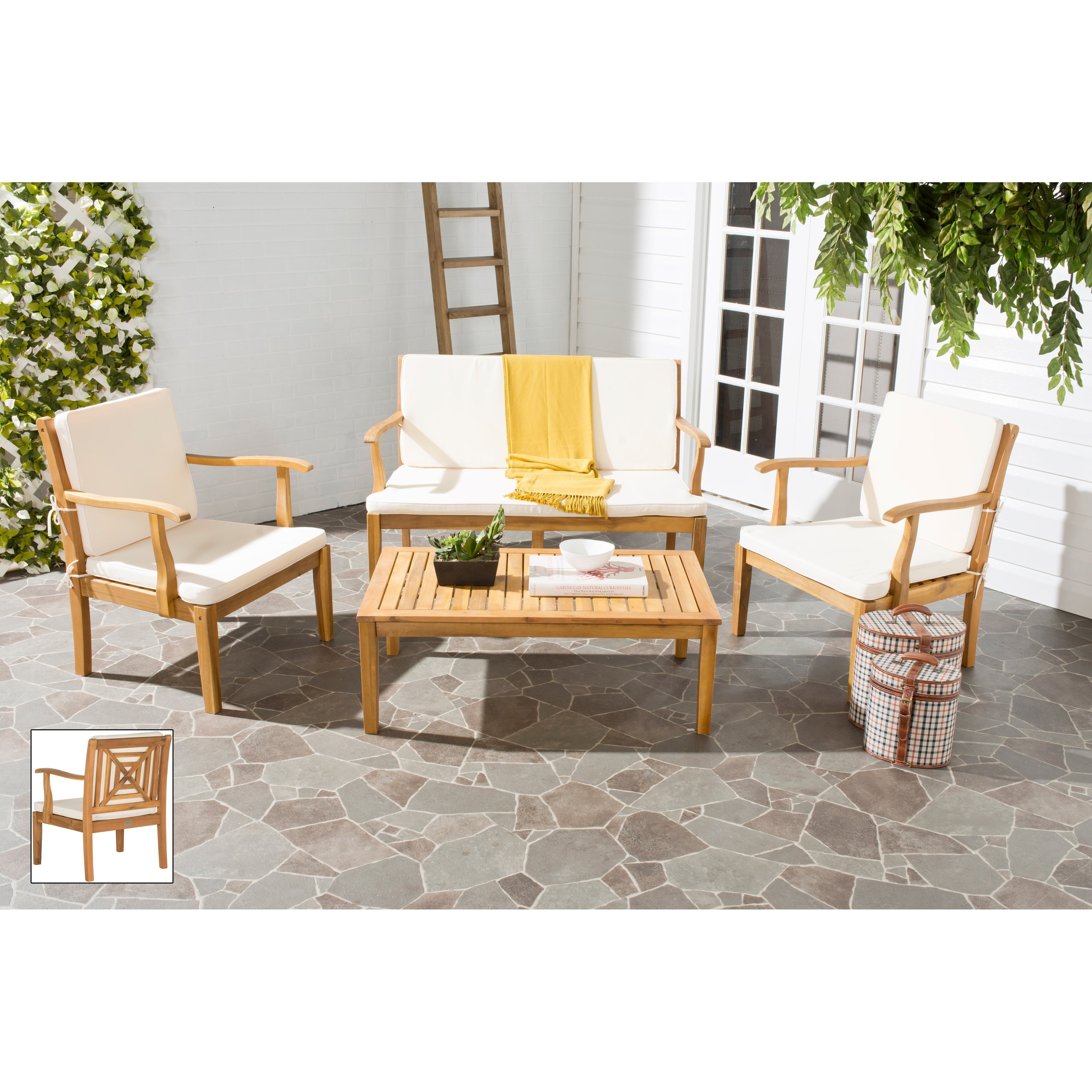 Ensemble de jardin 4 pièces en bois d'acacia brun Del Mar avec coussins beiges SAFAVIEH Outdoor Living - 48 L x 25 P x 32 H