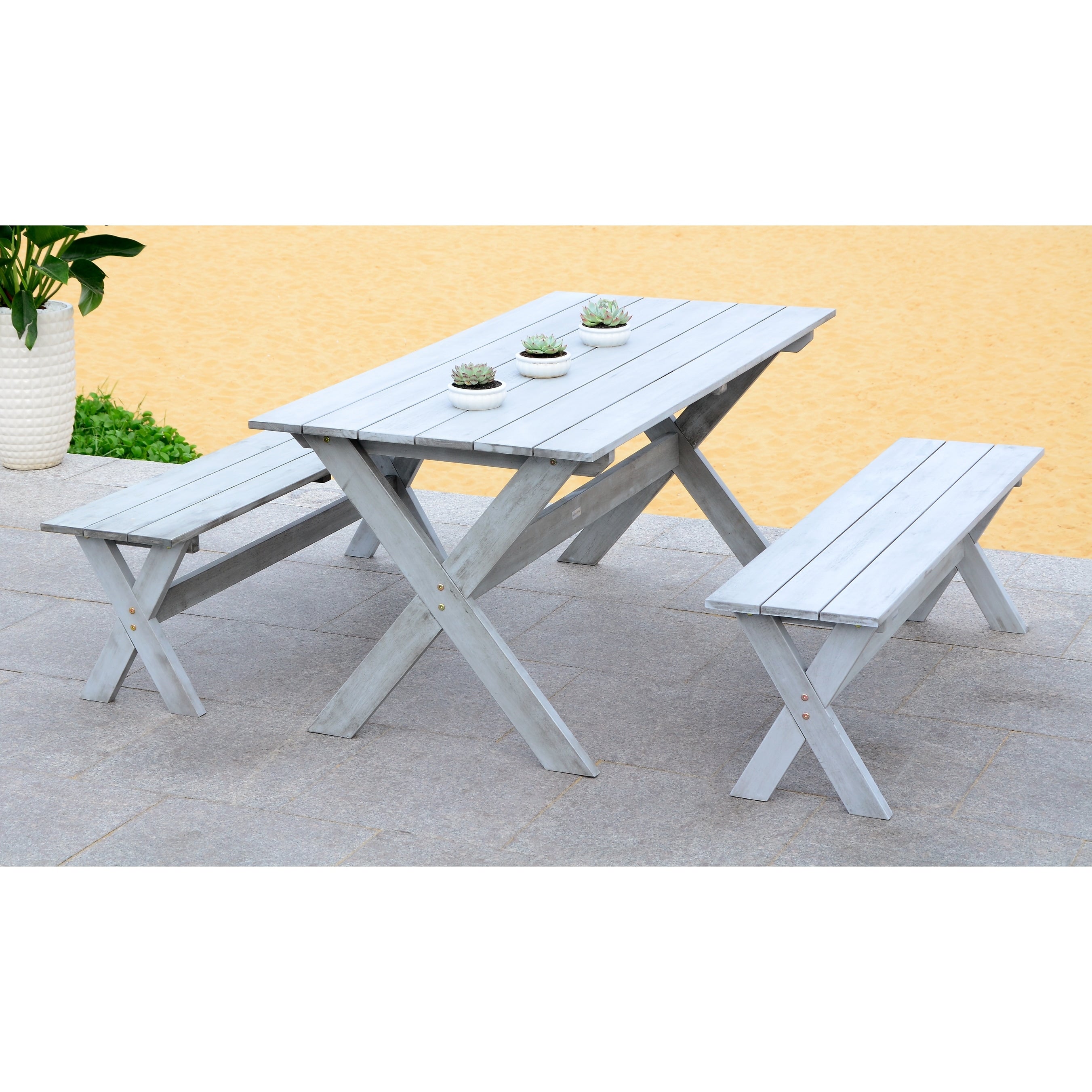 Ensemble de salle à manger 3 pièces SAFAVIEH Outdoor Living Marina Grey avec table et bancs - 35 L x 59 P x 30 H