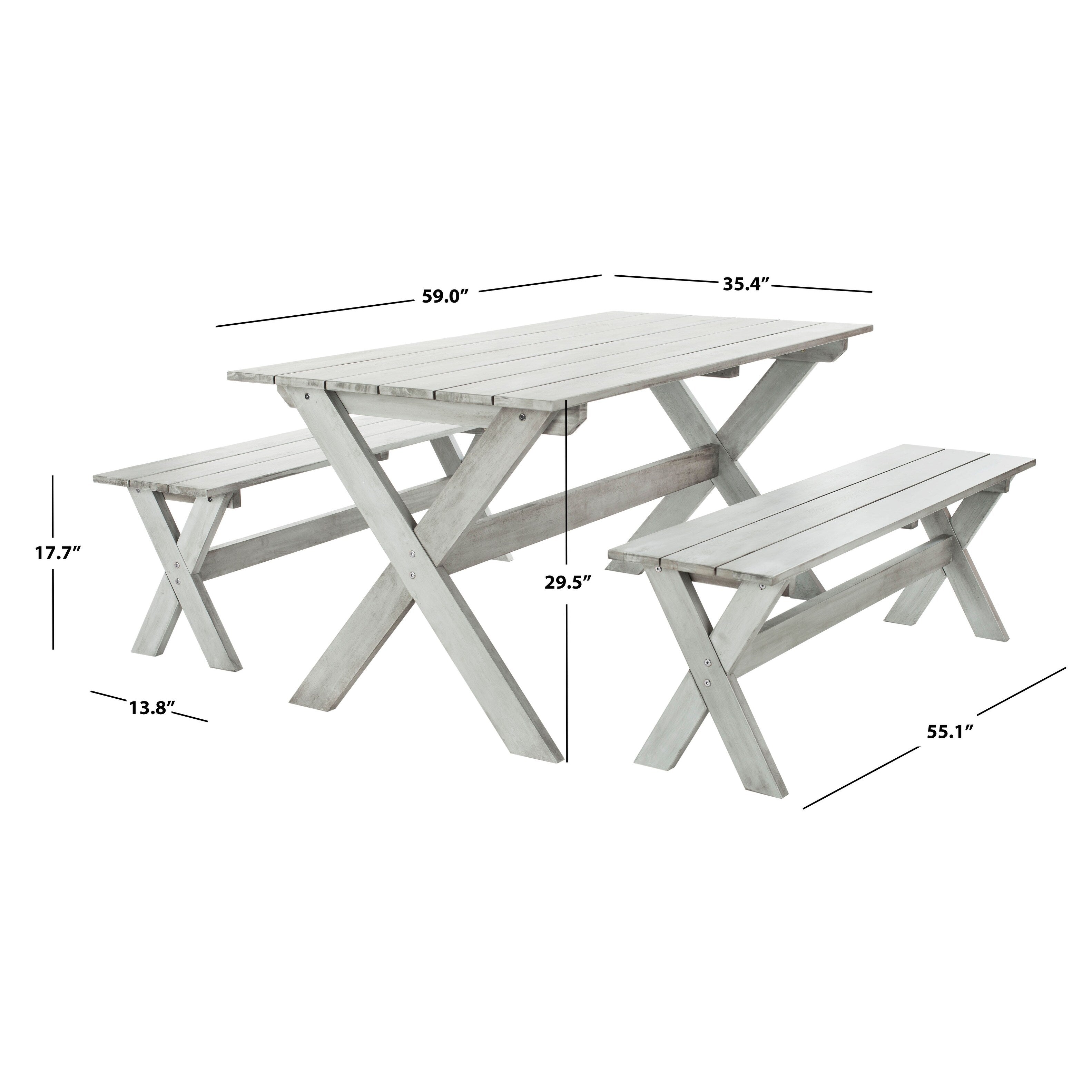 Ensemble de salle à manger 3 pièces SAFAVIEH Outdoor Living Marina Grey avec table et bancs - 35 L x 59 P x 30 H