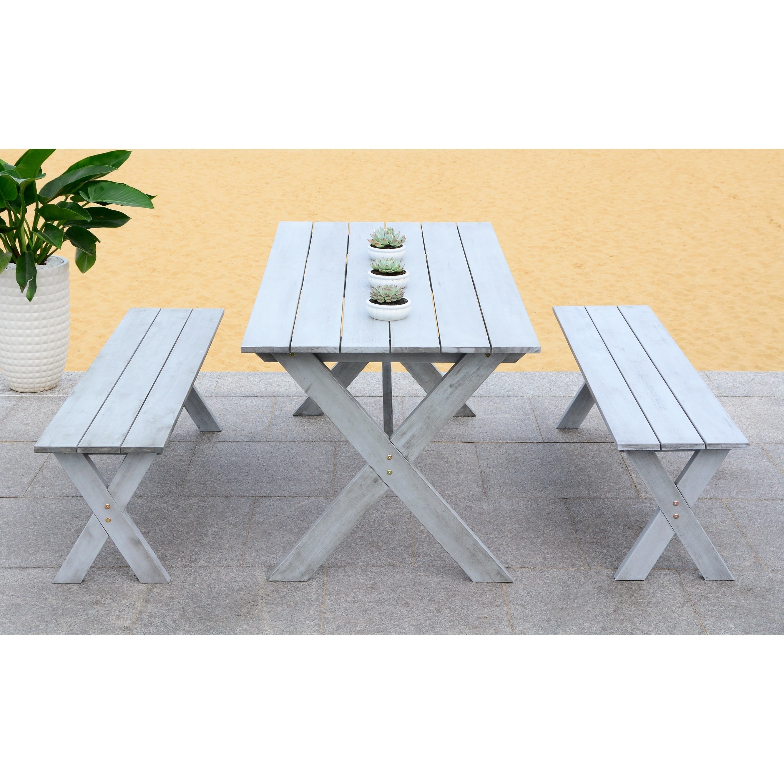 Ensemble de salle à manger 3 pièces SAFAVIEH Outdoor Living Marina Grey avec table et bancs - 35 L x 59 P x 30 H