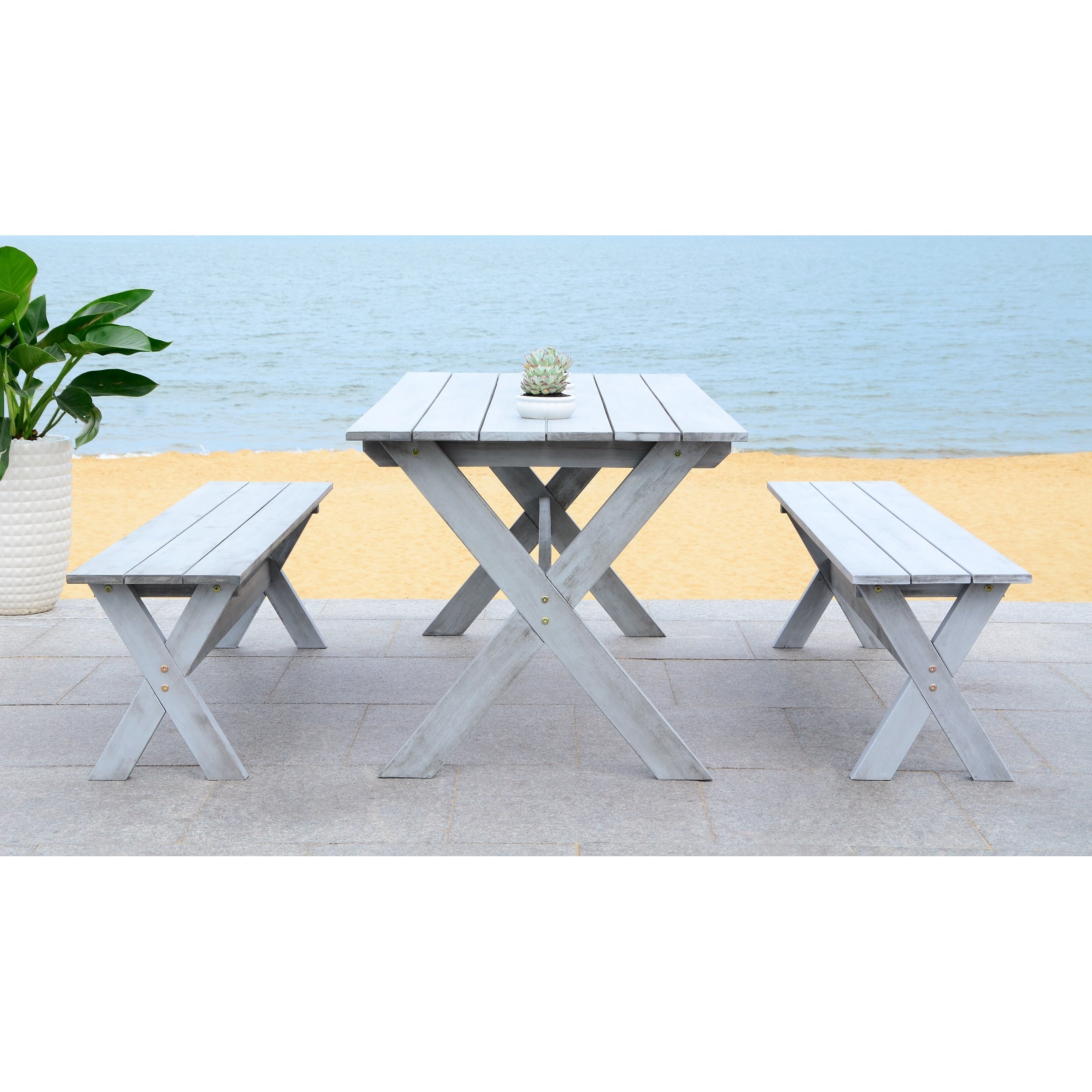 Ensemble de salle à manger 3 pièces SAFAVIEH Outdoor Living Marina Grey avec table et bancs - 35 L x 59 P x 30 H
