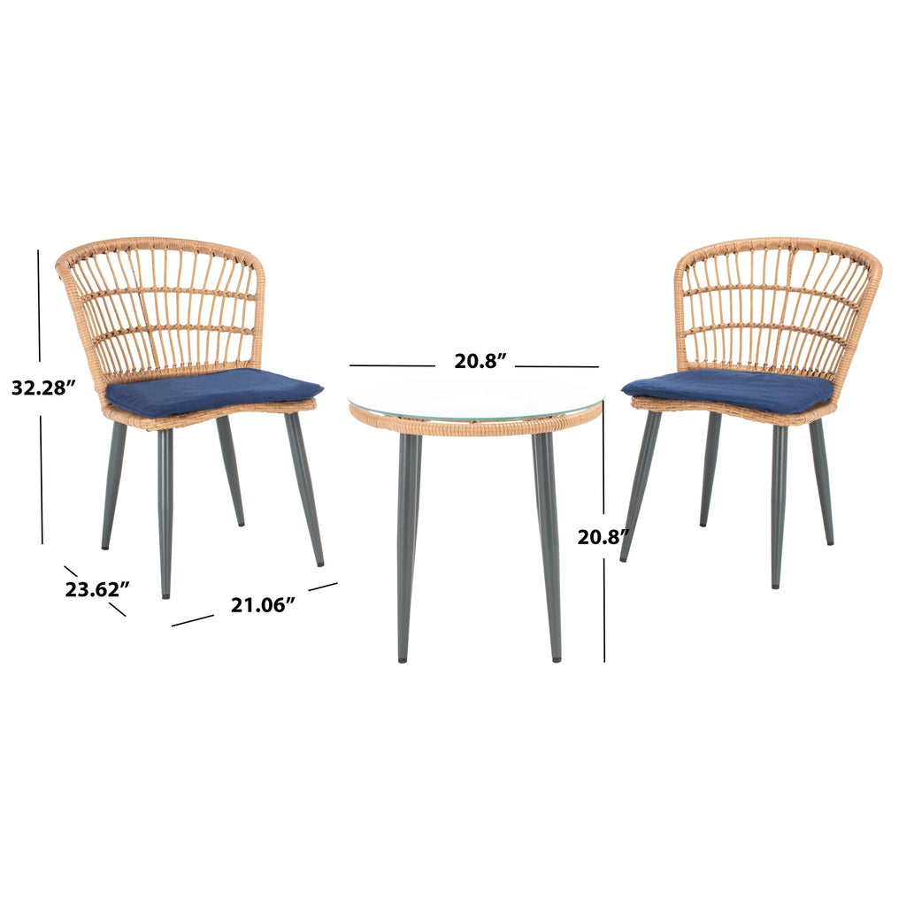 Ensemble de chaises longues de jardin en rotin Prenza 3 pièces SAFAVIEH Outdoor Living - Naturel/Bleu marine - 21 l x 24 p x 32 h