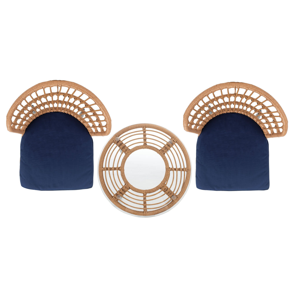 Ensemble de chaises longues de jardin en rotin Prenza 3 pièces SAFAVIEH Outdoor Living - Naturel/Bleu marine - 21 l x 24 p x 32 h
