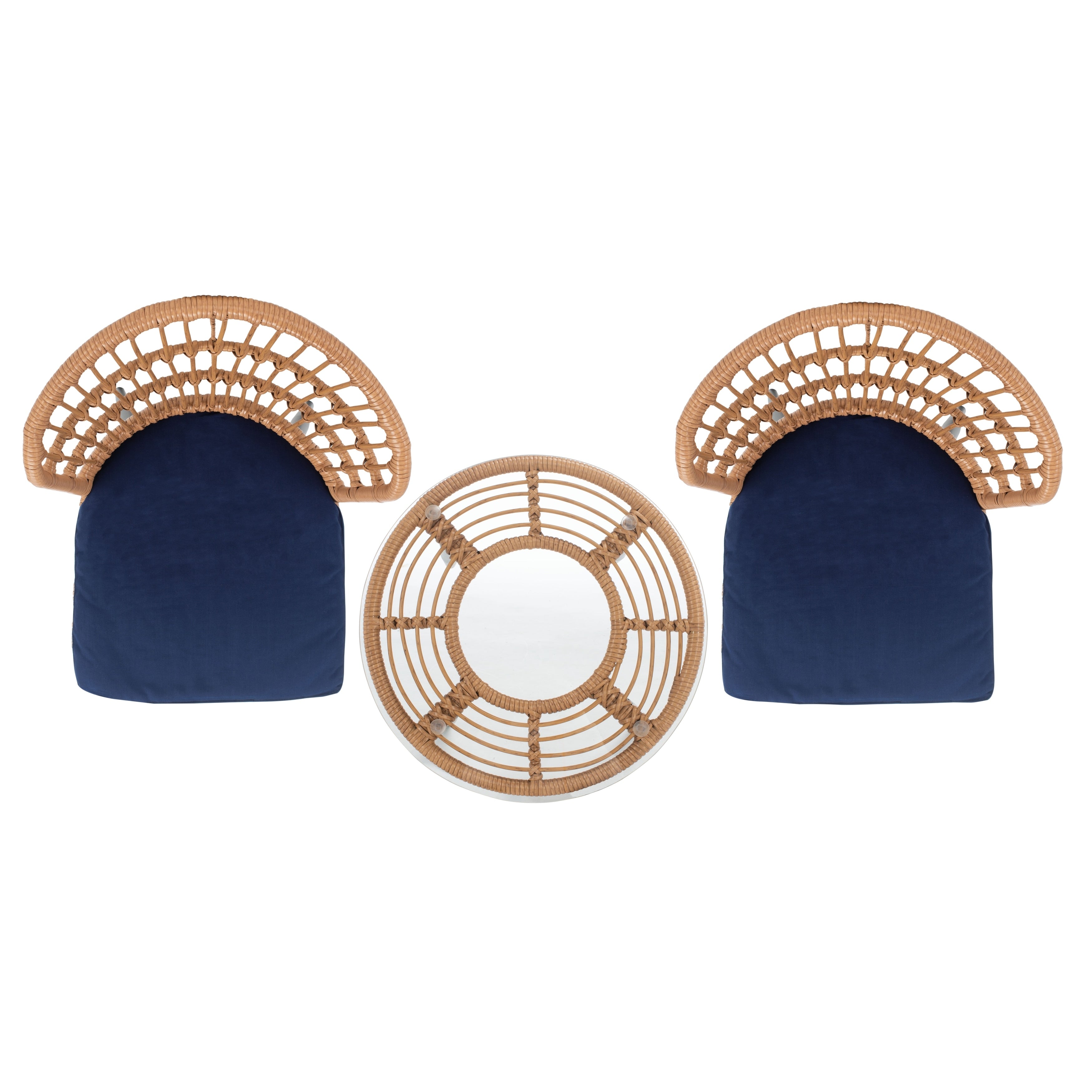 Ensemble de chaises longues de jardin en rotin Prenza 3 pièces SAFAVIEH Outdoor Living - Naturel/Bleu marine - 21 l x 24 p x 32 h