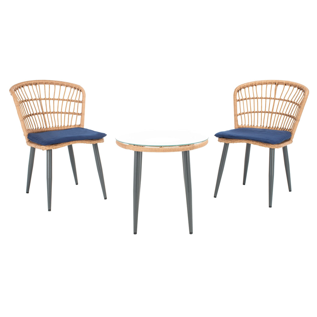 Ensemble de chaises longues de jardin en rotin Prenza 3 pièces SAFAVIEH Outdoor Living - Naturel/Bleu marine - 21 l x 24 p x 32 h