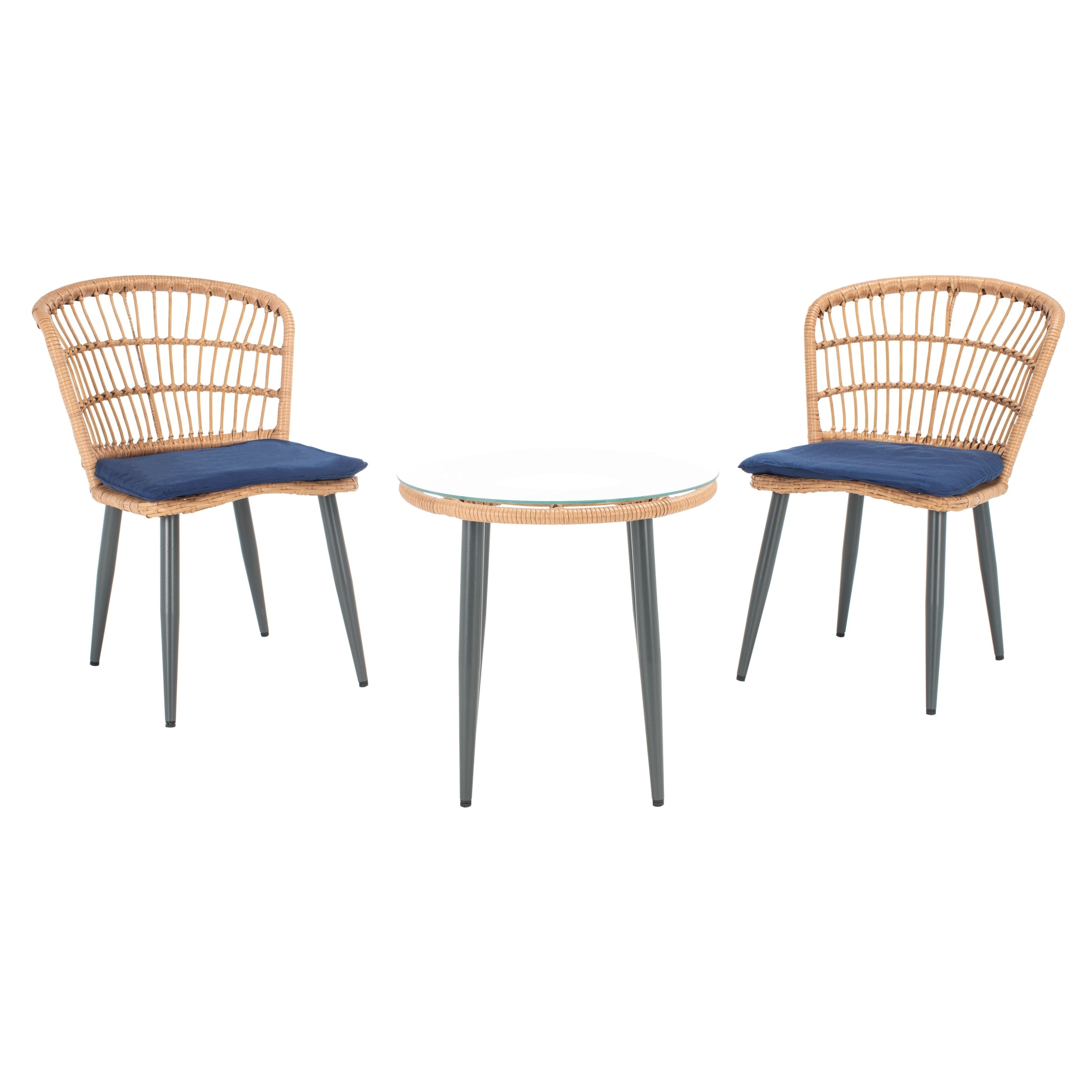 Ensemble de chaises longues de jardin en rotin Prenza 3 pièces SAFAVIEH Outdoor Living - Naturel/Bleu marine - 21 l x 24 p x 32 h