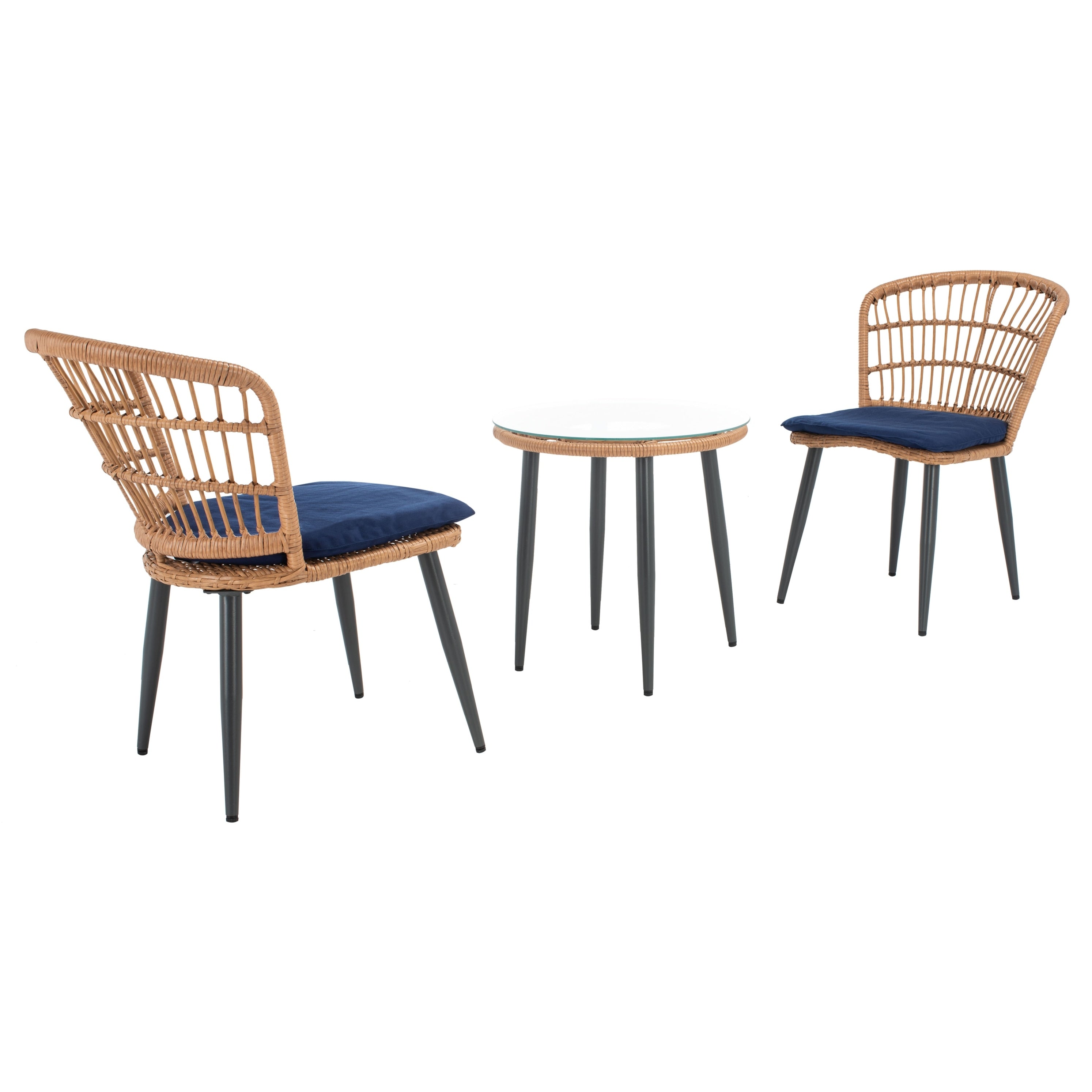 Ensemble de chaises longues de jardin en rotin Prenza 3 pièces SAFAVIEH Outdoor Living - Naturel/Bleu marine - 21 l x 24 p x 32 h