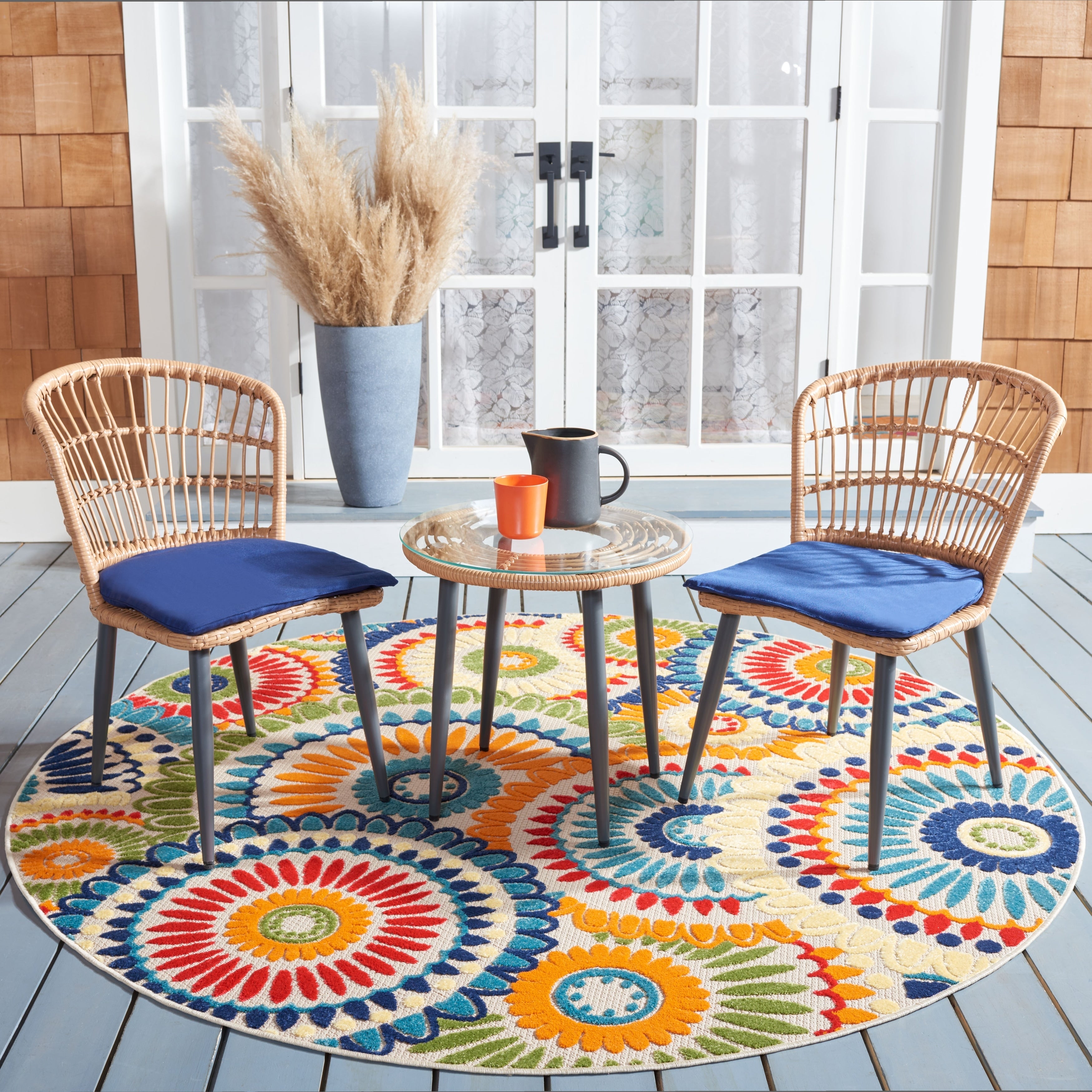 Ensemble de chaises longues de jardin en rotin Prenza 3 pièces SAFAVIEH Outdoor Living - Naturel/Bleu marine - 21 l x 24 p x 32 h