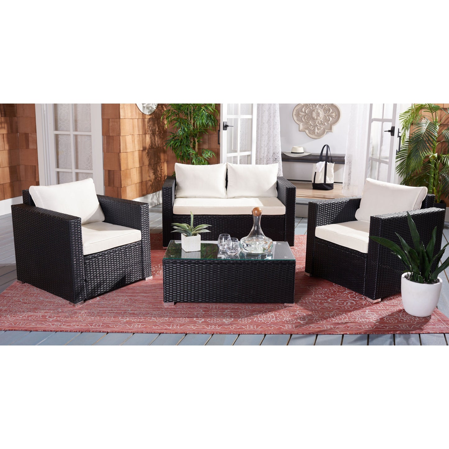 Ensemble de patio d'extérieur en osier Natalee de SAFAVIEH, 4 pièces – 50 l x 27 p x 28 h
