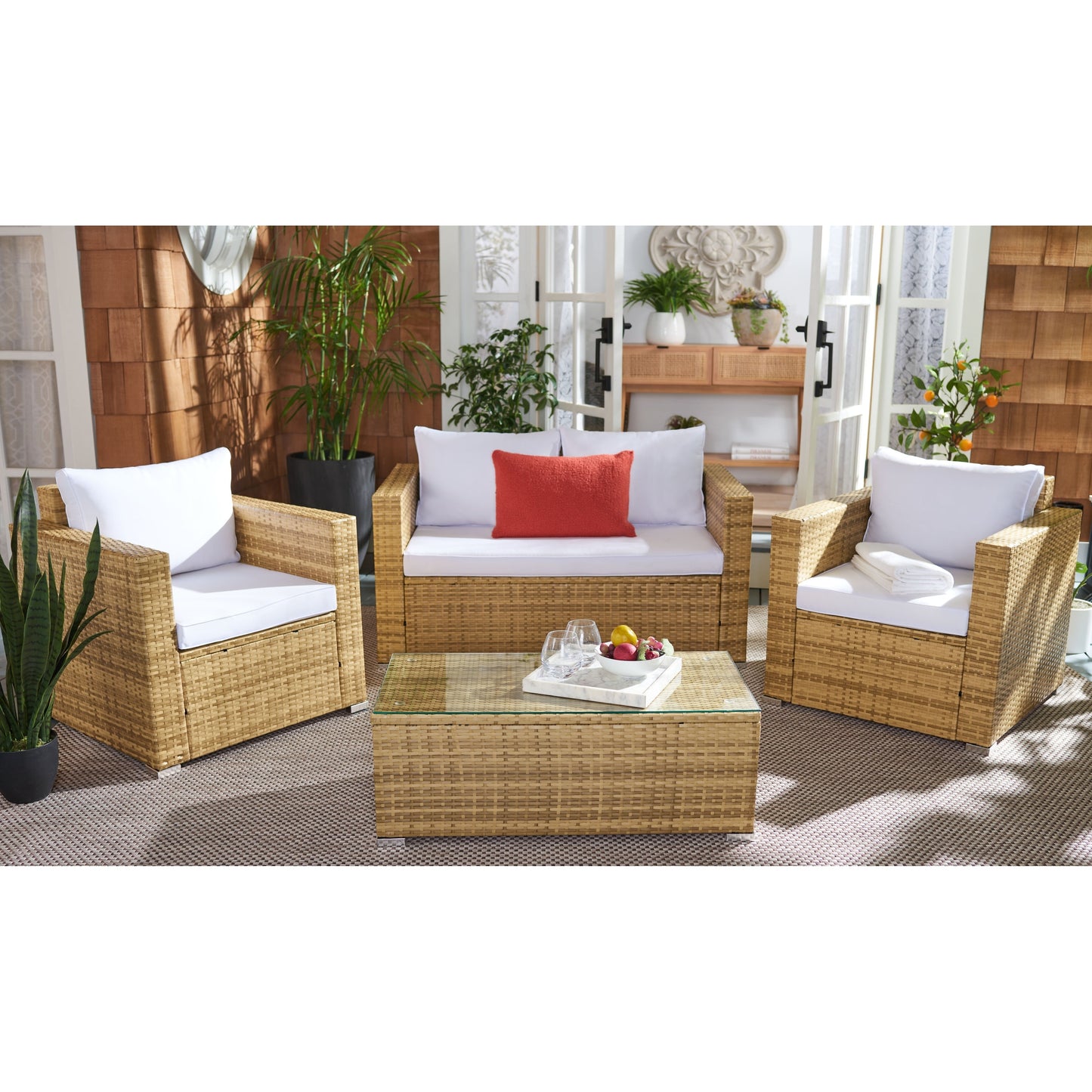 Ensemble de patio d'extérieur en osier Natalee de SAFAVIEH, 4 pièces – 50 l x 27 p x 28 h