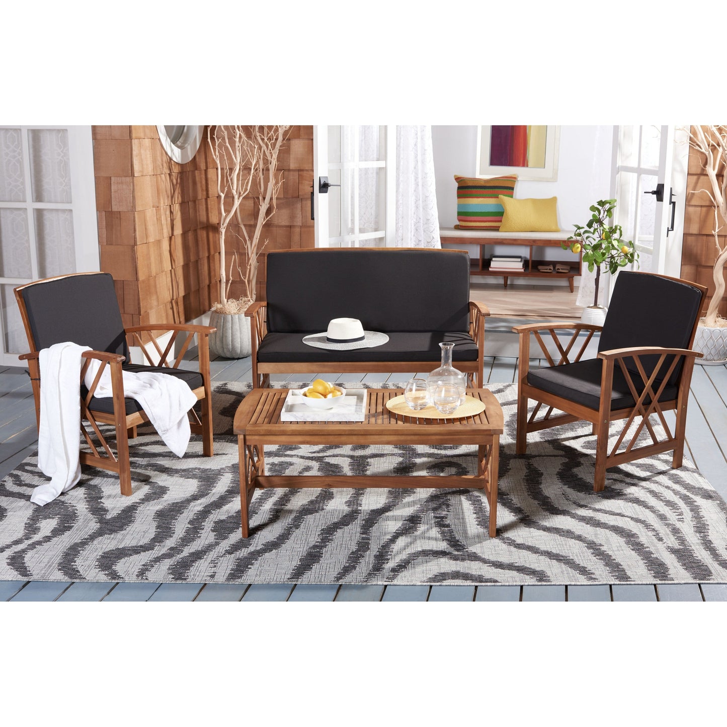 Ensemble de jardin d'extérieur Nayely 4 pièces en bois d'acacia massif SAFAVIEH - 47 L x 33 P x 26 H