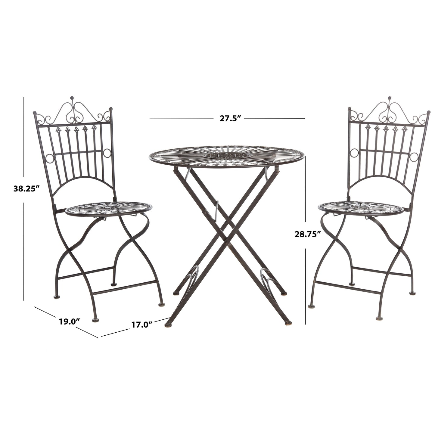 Ensemble bistrot d'extérieur 3 pièces en fer de style victorien Saige de SAFAVIEH - 28 l x 28 p x 38 h