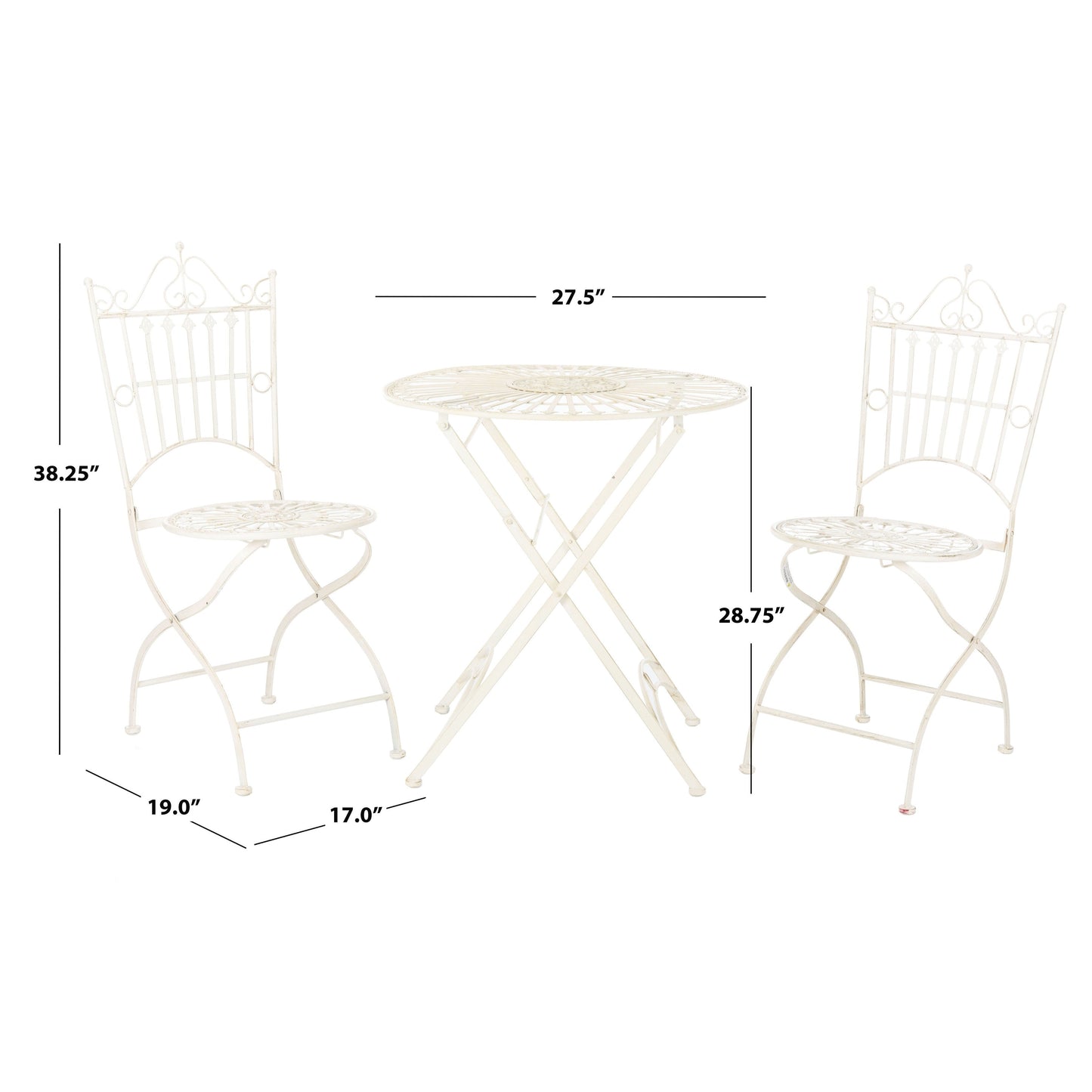 Ensemble bistrot d'extérieur 3 pièces en fer de style victorien Saige de SAFAVIEH - 28 l x 28 p x 38 h
