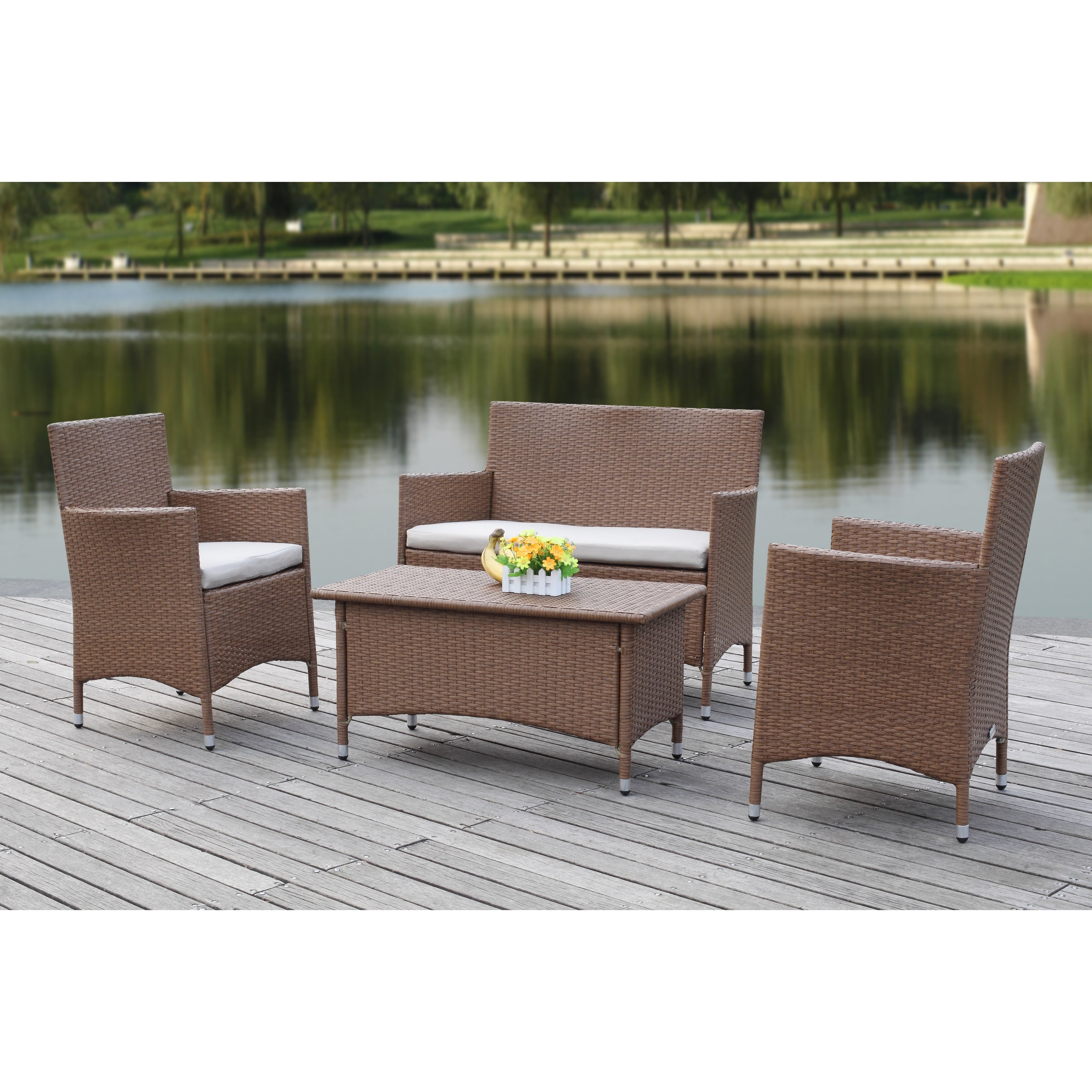 Ensemble de patio d'extérieur SAFAVIEH Simka marron/sable (4 pièces) - 43 l x 34 P x 23 H
