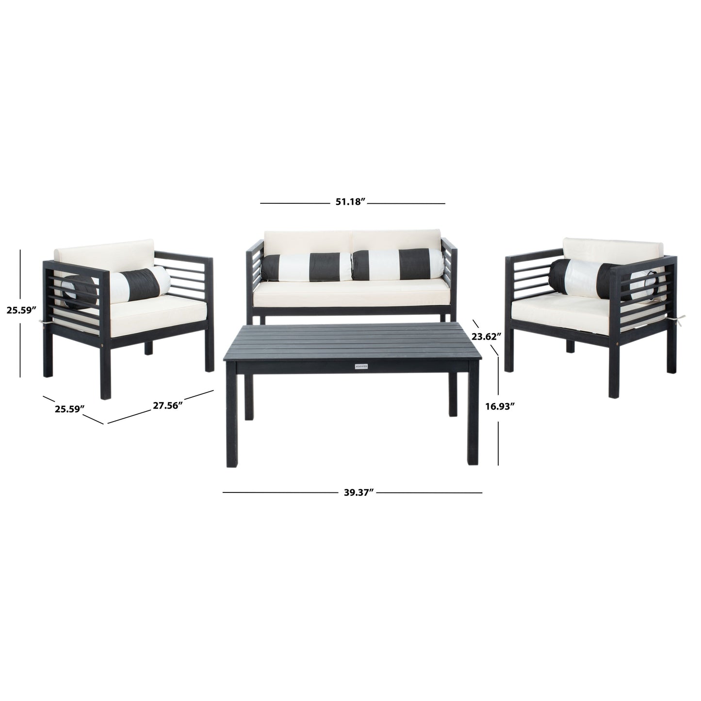Ensemble de jardin d'extérieur SAFAVIEH Yoselin 4 pièces avec coussin décoratif – 51 L x 26 P x 26 H