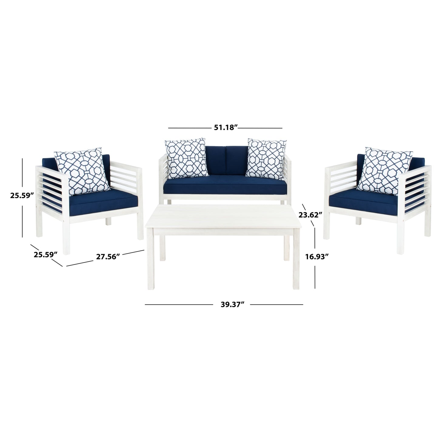 Ensemble de jardin d'extérieur SAFAVIEH Yoselin 4 pièces avec coussin décoratif – 51 L x 26 P x 26 H