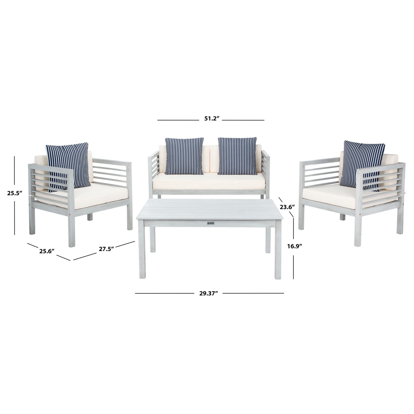 Ensemble de jardin d'extérieur SAFAVIEH Yoselin 4 pièces avec coussin décoratif – 51 L x 26 P x 26 H