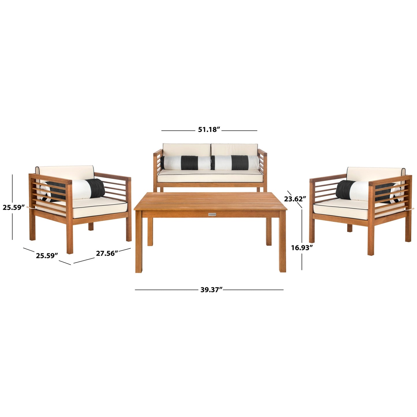Ensemble de jardin d'extérieur SAFAVIEH Yoselin 4 pièces avec coussin décoratif – 51 L x 26 P x 26 H