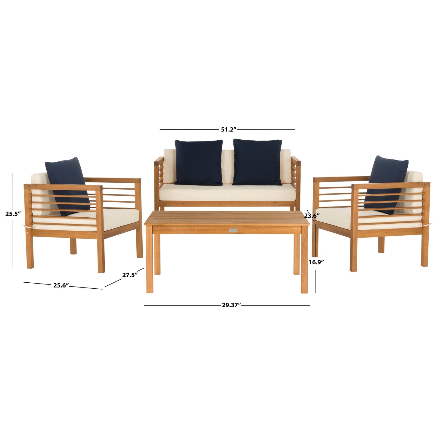Ensemble de jardin d'extérieur SAFAVIEH Yoselin 4 pièces avec coussin décoratif – 51 L x 26 P x 26 H