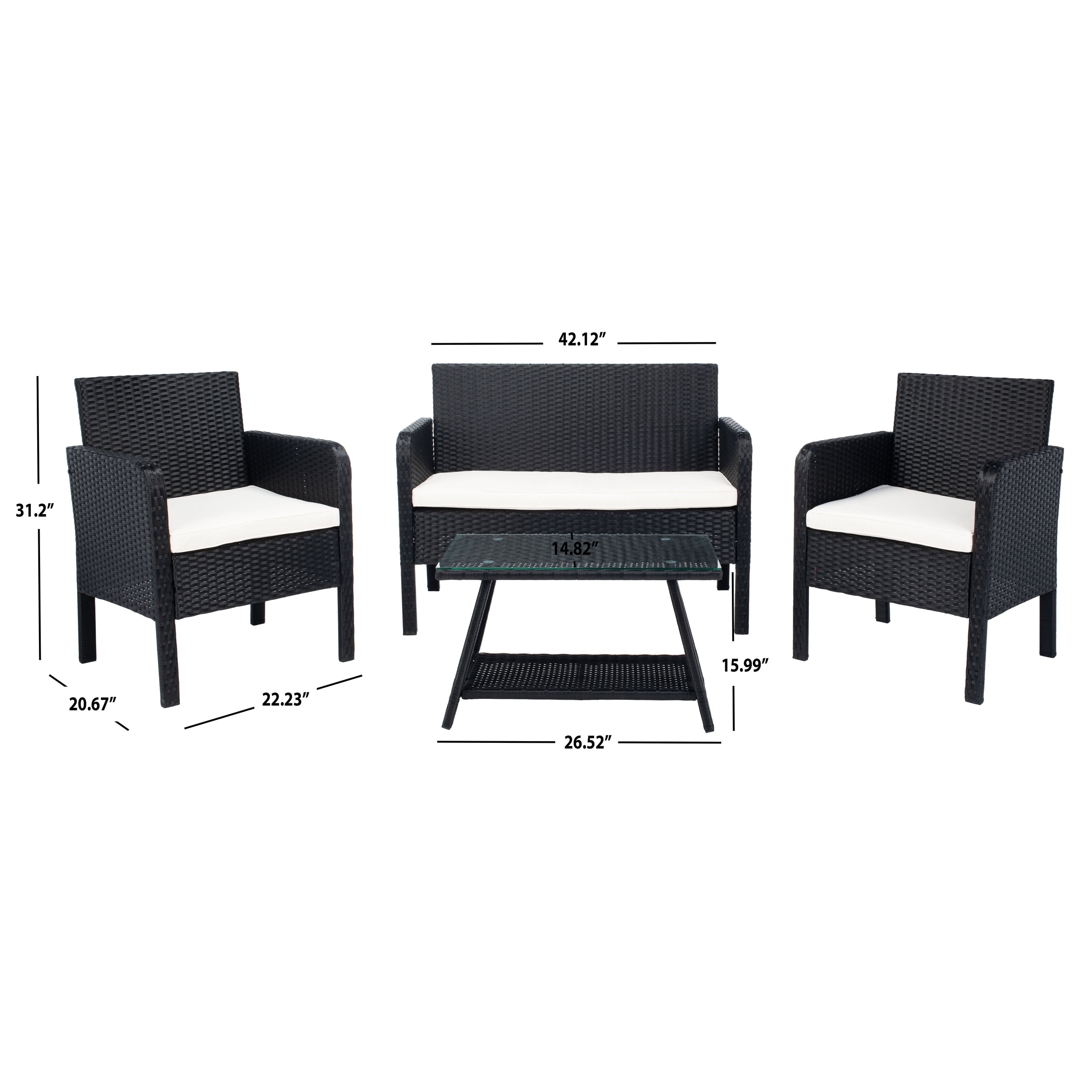 Ensemble de salon de jardin SAFAVIEH Zsolt en osier et acier, 4 pièces, dimensions : 42 l x 31 p x 21 h
