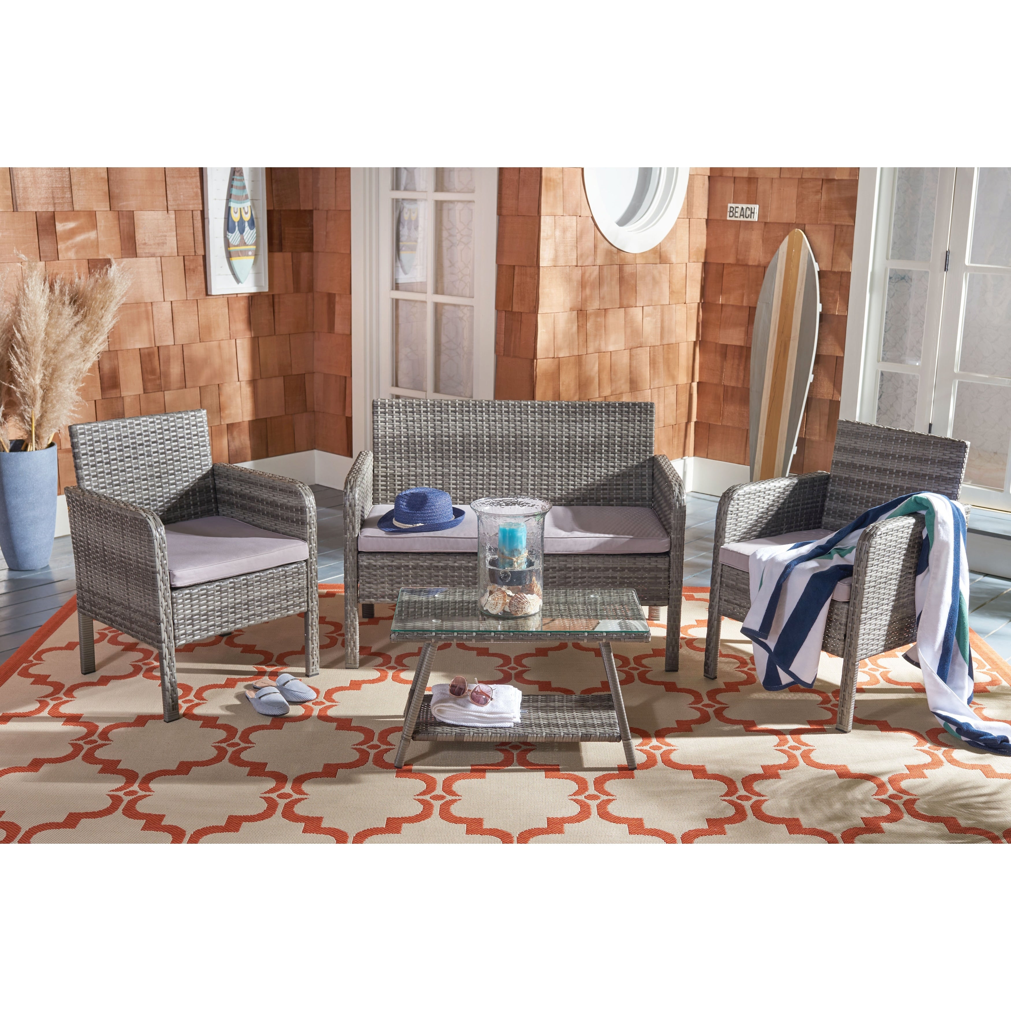 Ensemble de salon de jardin SAFAVIEH Zsolt en osier et acier, 4 pièces, dimensions : 42 l x 31 p x 21 h