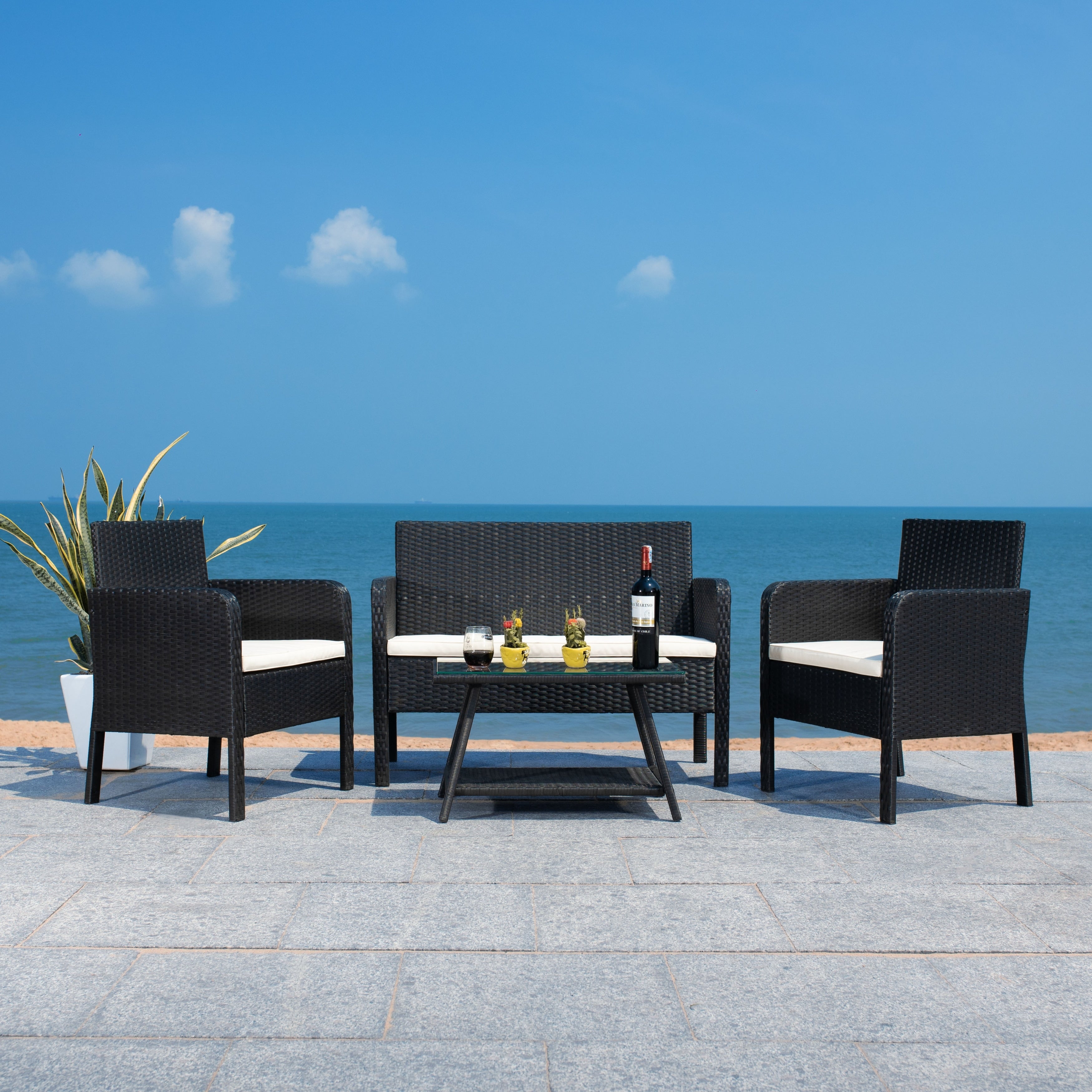Ensemble de salon de jardin SAFAVIEH Zsolt en osier et acier, 4 pièces, dimensions : 42 l x 31 p x 21 h