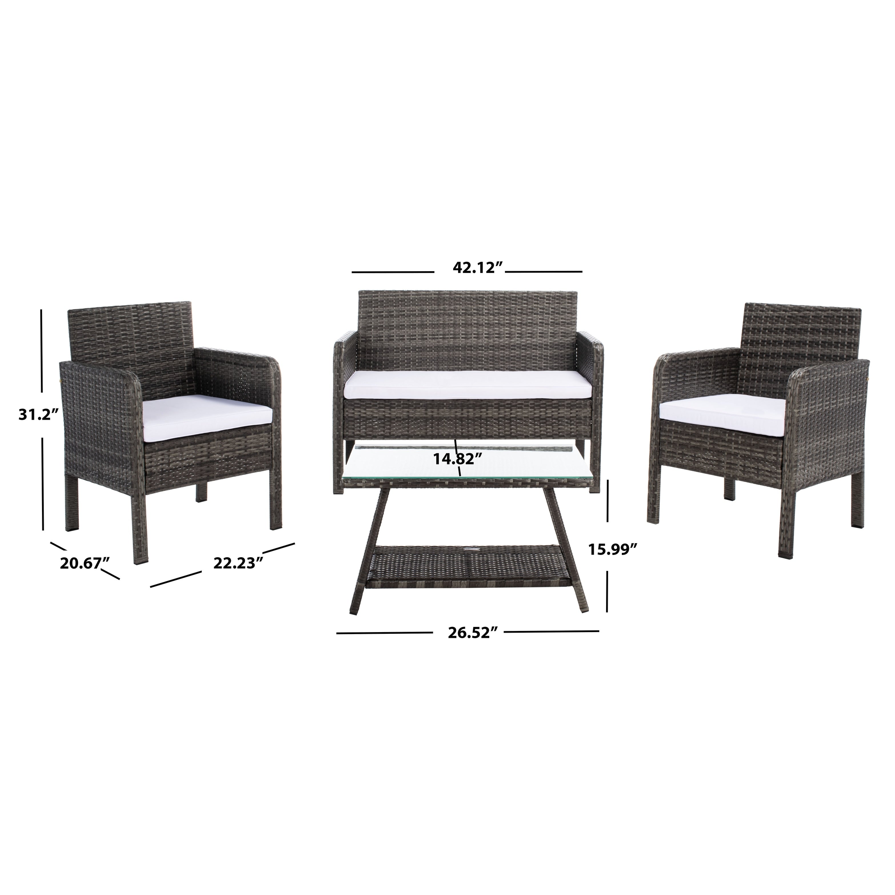 Ensemble de salon de jardin SAFAVIEH Zsolt en osier et acier, 4 pièces, dimensions : 42 l x 31 p x 21 h