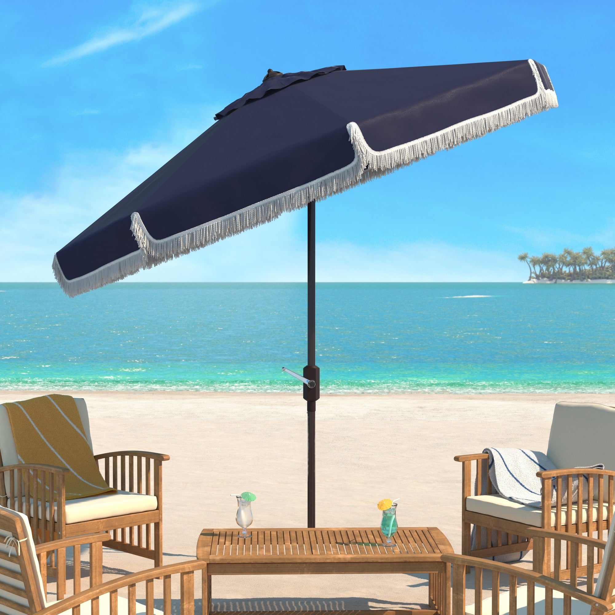 SAFAVIEH Ronette Fringe 9 Ft Crank Outdoor Umbrella