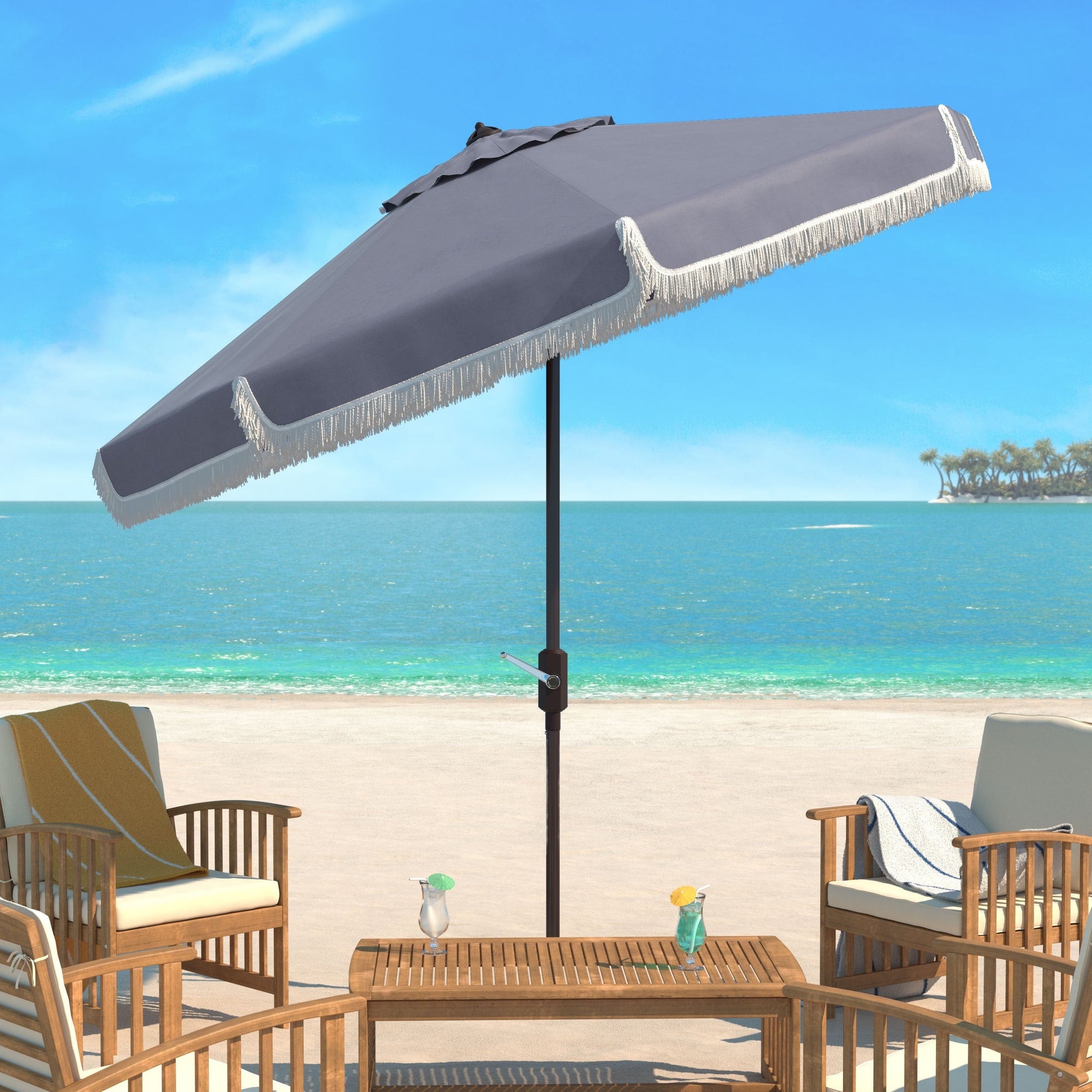 SAFAVIEH Ronette Fringe 9 Ft Crank Outdoor Umbrella