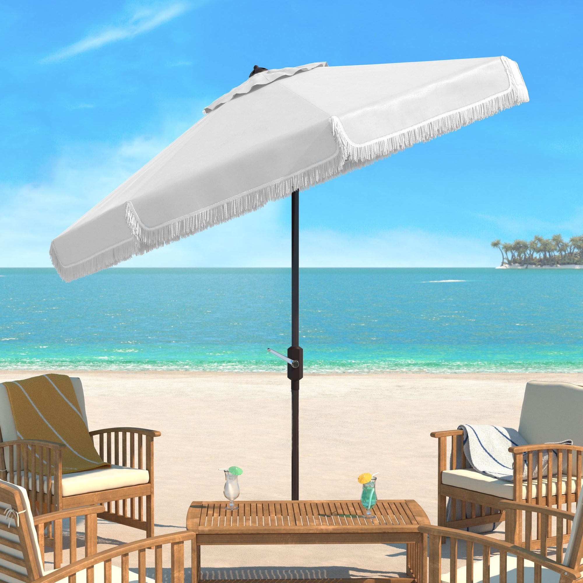 SAFAVIEH Ronette Fringe 9 Ft Crank Outdoor Umbrella