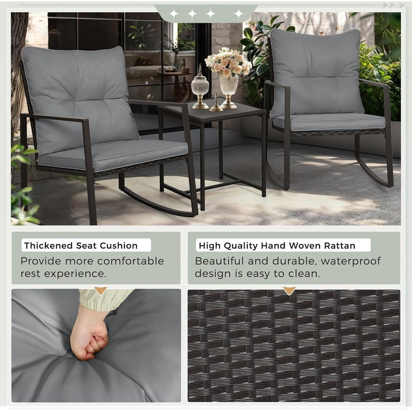 Ensemble bistro de conversation SUNCROWN 3 pièces avec chaises à bascule en osier marron/noir pour patio extérieur
