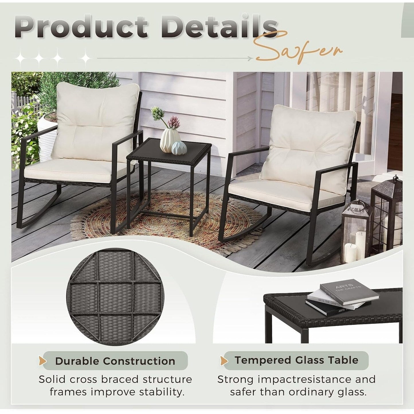 Ensemble bistro de conversation SUNCROWN 3 pièces avec chaises à bascule en osier marron/noir pour patio extérieur