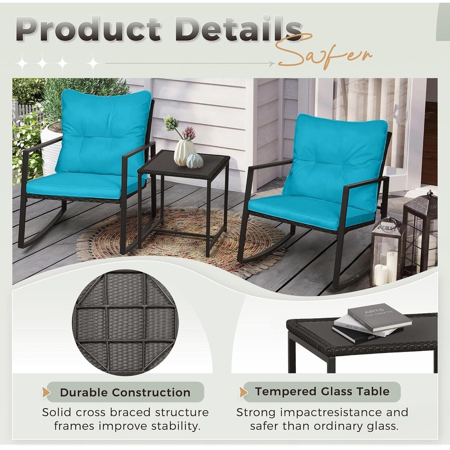 Ensemble bistro de conversation SUNCROWN 3 pièces avec chaises à bascule en osier marron/noir pour patio extérieur
