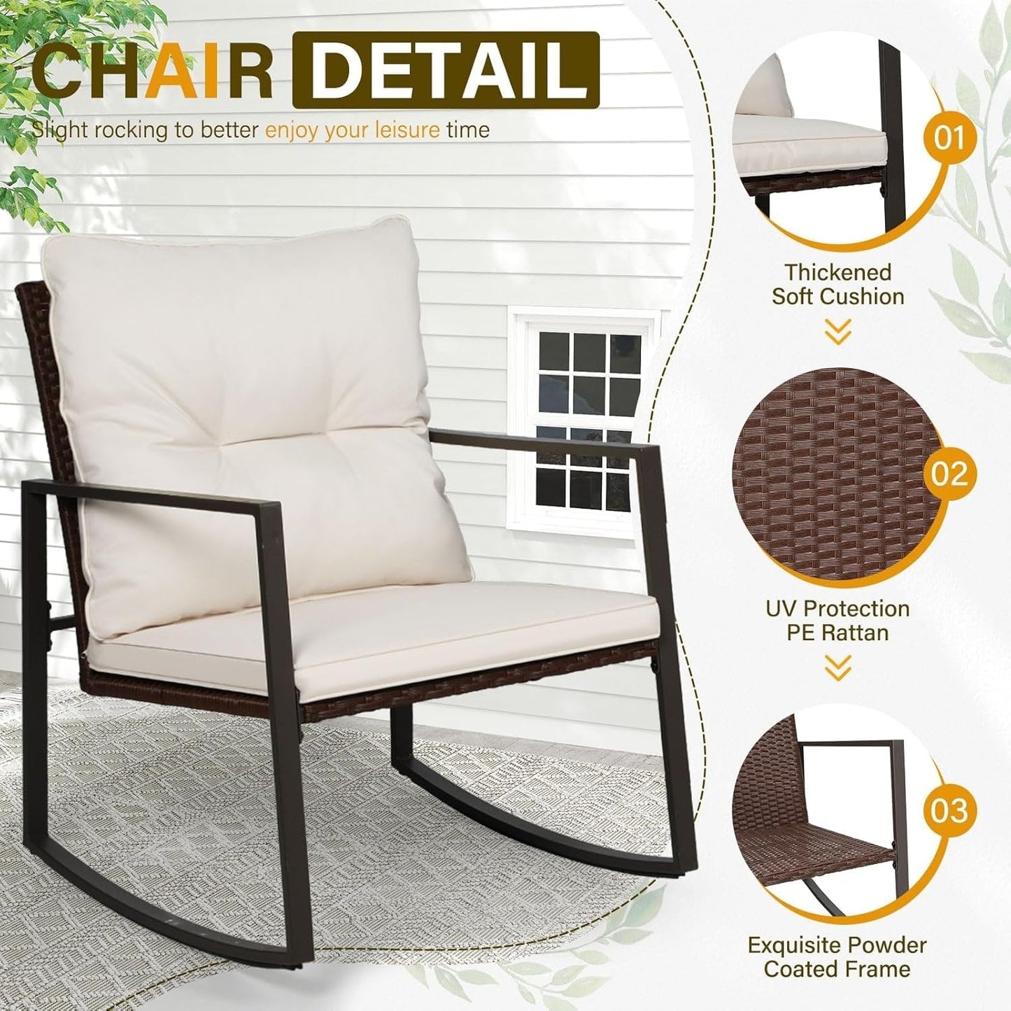 Ensemble bistro de conversation SUNCROWN 3 pièces avec chaises à bascule en osier marron/noir pour patio extérieur