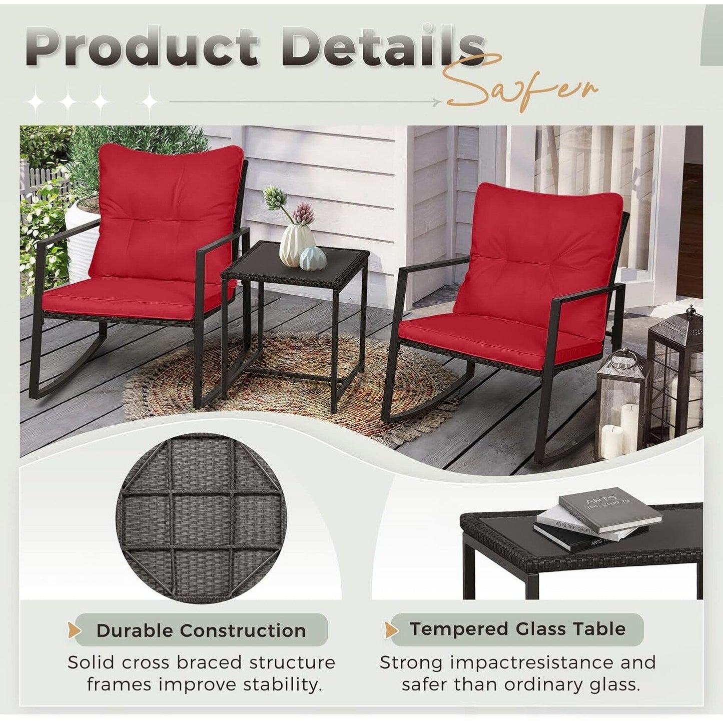 Ensemble bistro de conversation SUNCROWN 3 pièces avec chaises à bascule en osier marron/noir pour patio extérieur