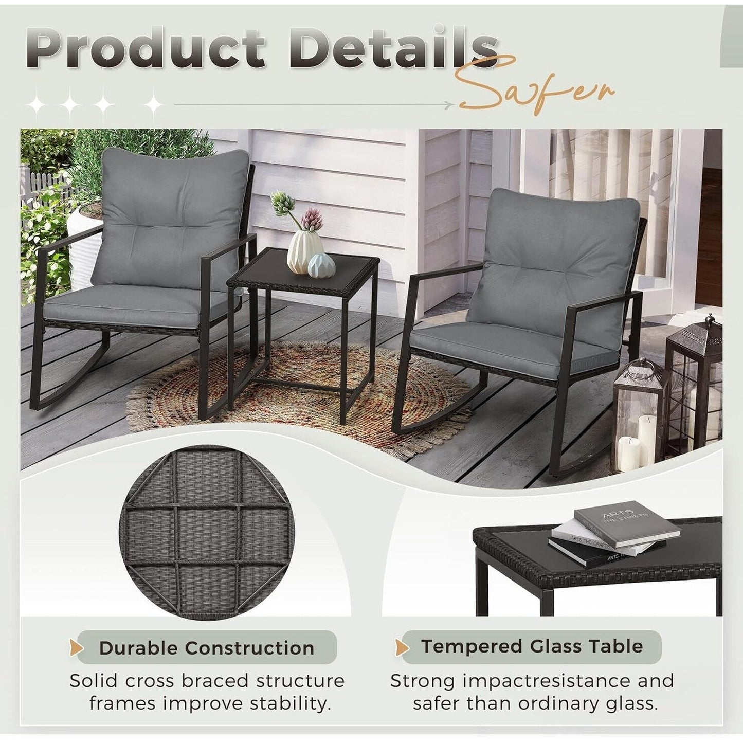 Ensemble bistro de conversation SUNCROWN 3 pièces avec chaises à bascule en osier marron/noir pour patio extérieur