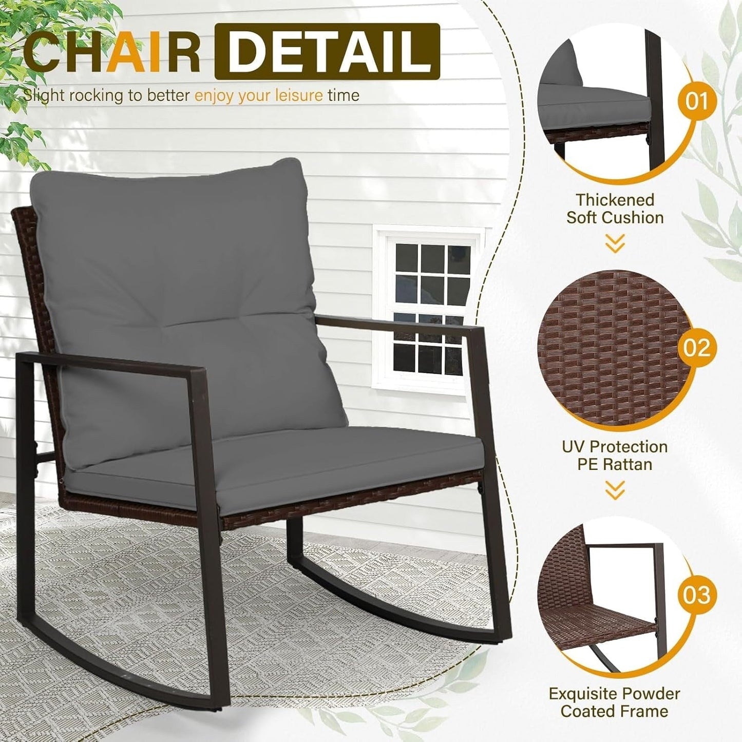 Ensemble bistro de conversation SUNCROWN 3 pièces avec chaises à bascule en osier marron/noir pour patio extérieur
