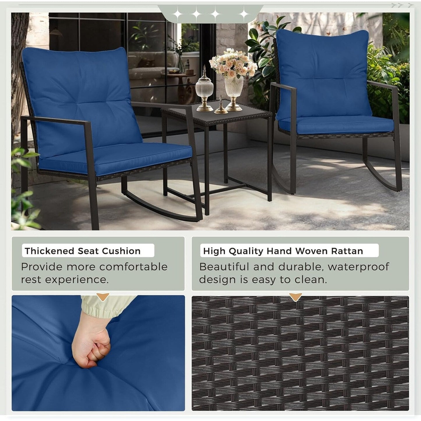 Ensemble bistro de conversation SUNCROWN 3 pièces avec chaises à bascule en osier marron/noir pour patio extérieur