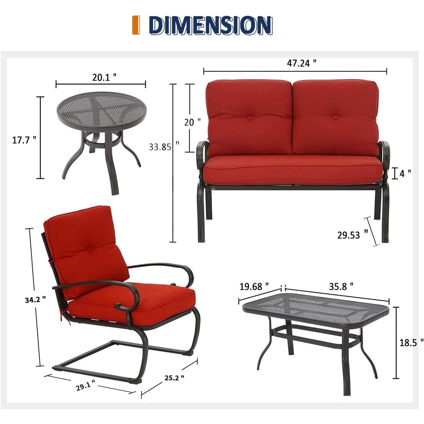 Ensemble de meubles de patio extérieur SUNCROWN 5 pièces, banc de jardin et 2 chaises à ressorts avec 2 tables basses