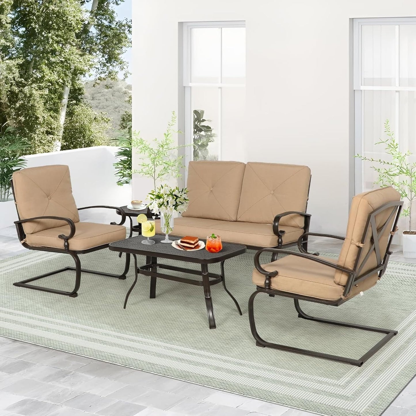 Ensemble de meubles de patio extérieur SUNCROWN 5 pièces, banc de jardin et 2 chaises à ressorts avec 2 tables basses